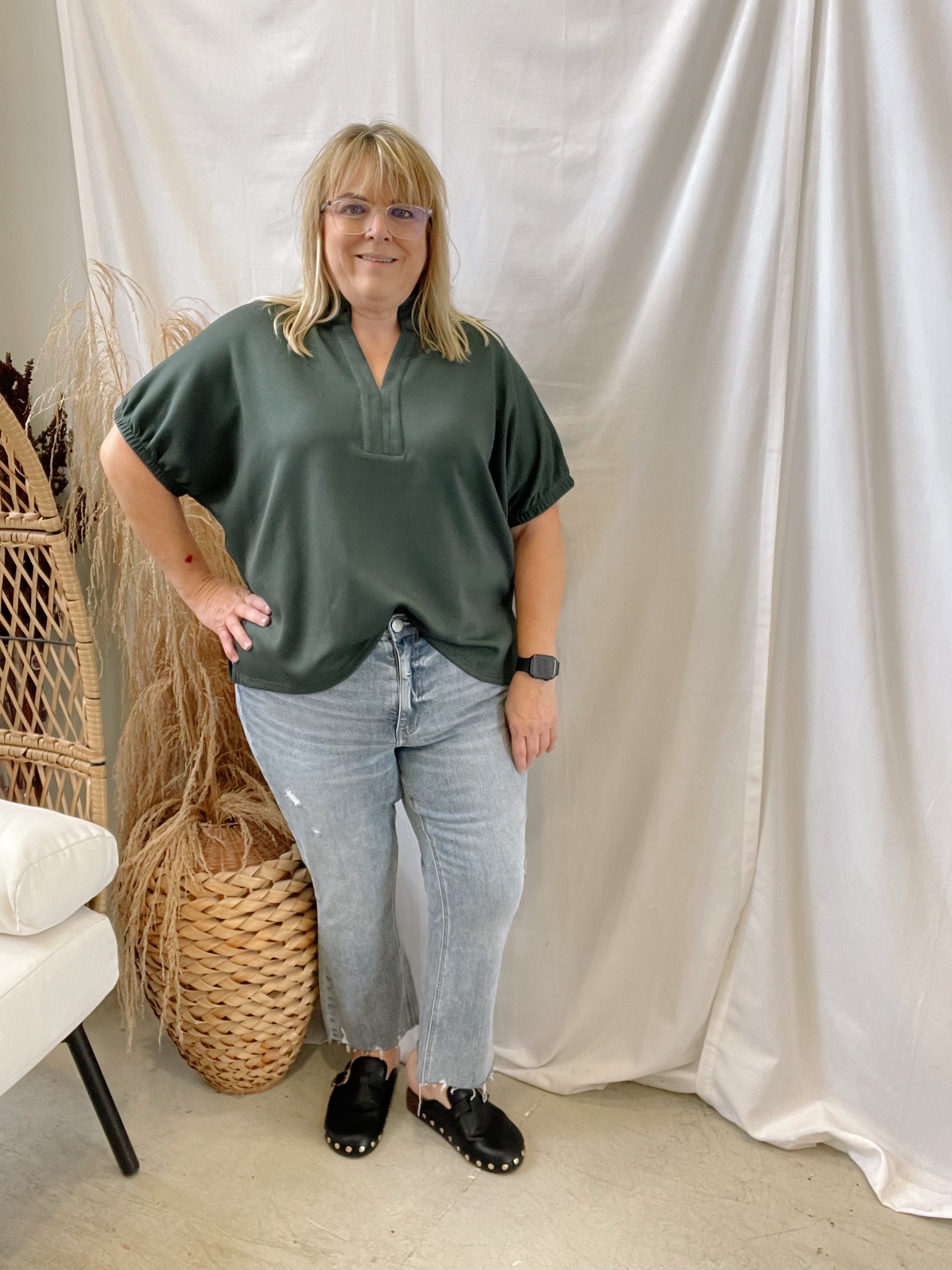 V Neck Collar Band Top-Hunter-Final Sale-Short Sleeve Tops-entro-The Silo Boutique, Women's Fashion Boutique Located in Warren and Grand Forks North Dakota