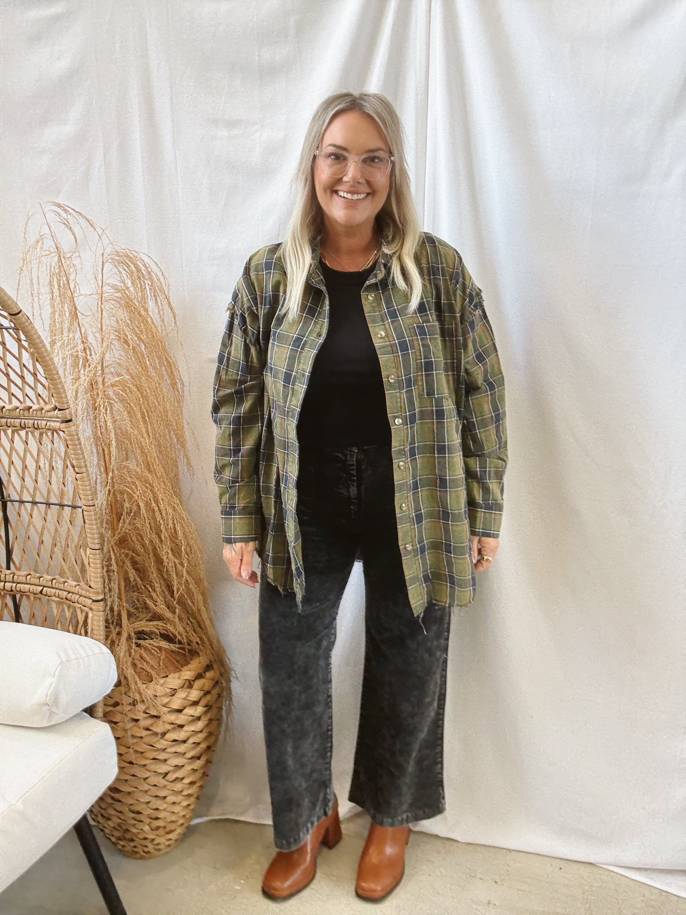 Raw Hem Green Plaid Shirt-Final Sale-Long Sleeve Tops-promesa-The Silo Boutique, Women's Fashion Boutique Located in Warren and Grand Forks North Dakota