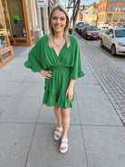 Green Ruffle Dolman Sleeve Dress-Dresses-she and sky-The Silo Boutique, Women's Fashion Boutique Located in Warren and Grand Forks North Dakota