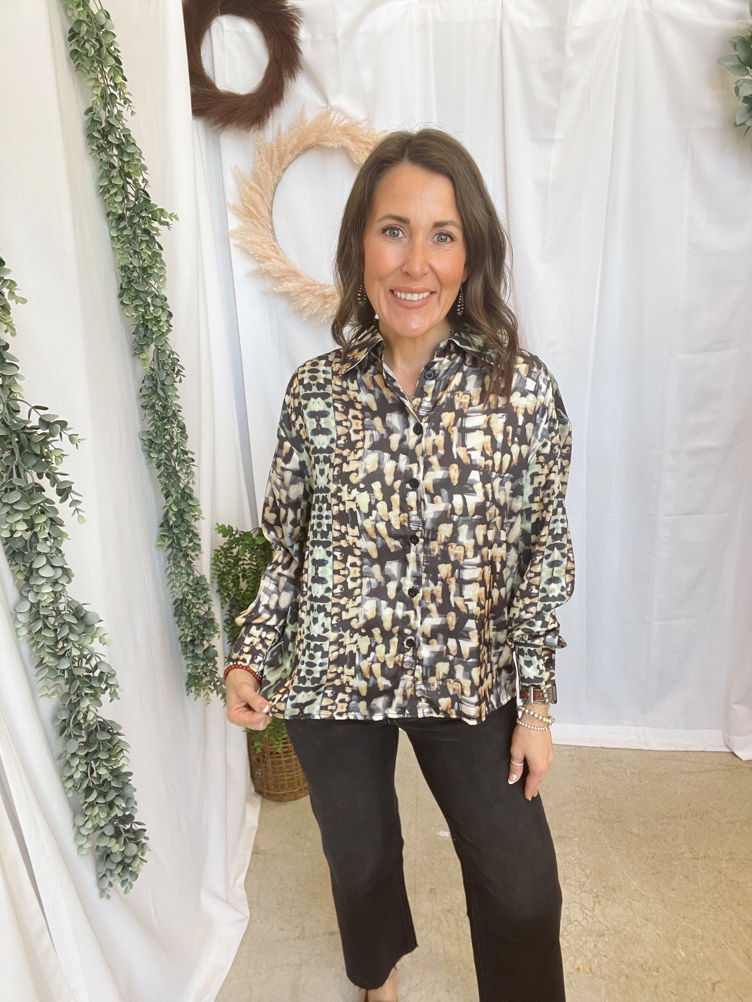 Elan Black Static Button Down Top-Long Sleeve Tops-elan-The Silo Boutique, Women's Fashion Boutique Located in Warren and Grand Forks North Dakota