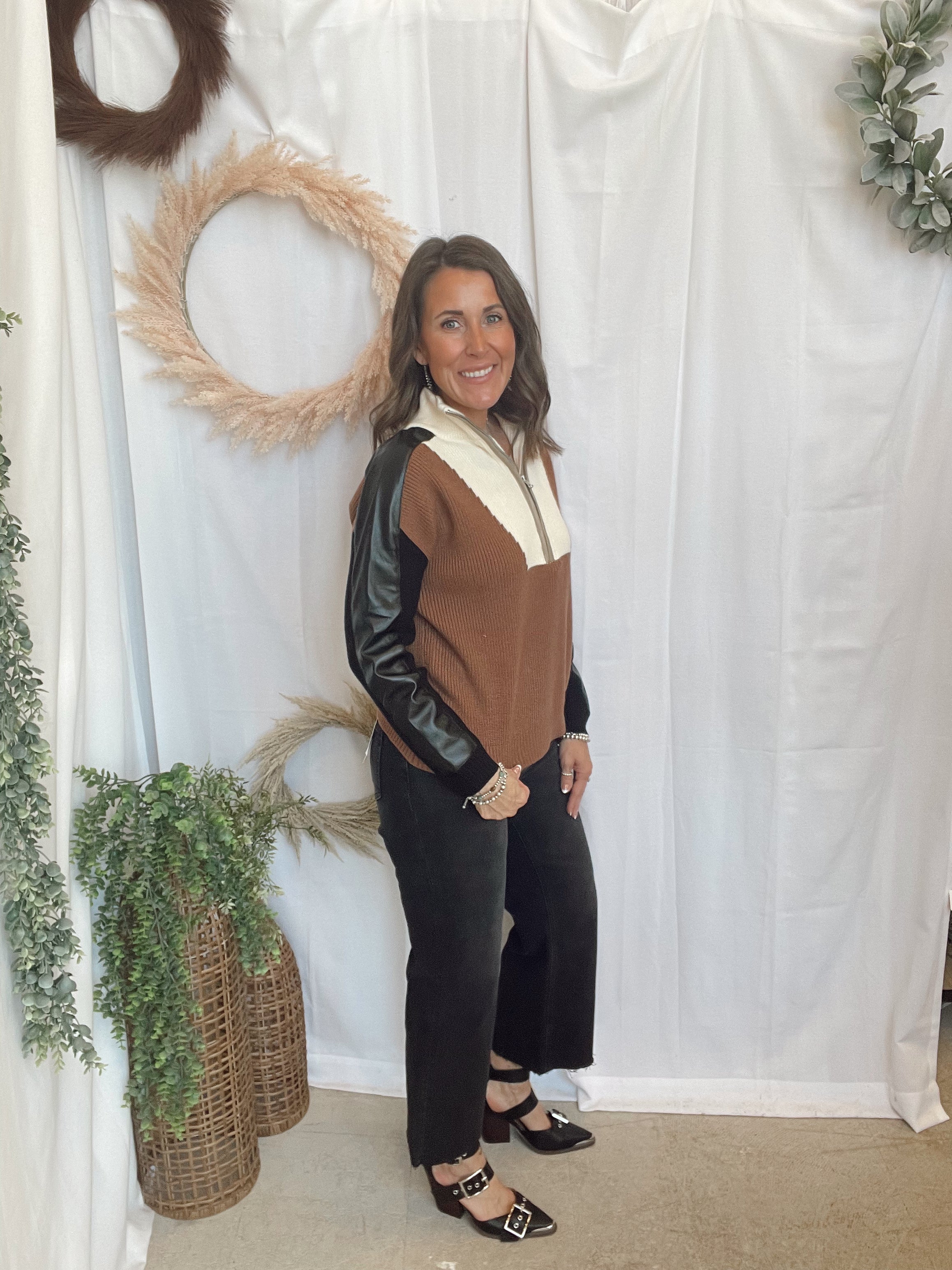 Elan Camel Color Block Sweater-Sweaters-elan-The Silo Boutique, Women's Fashion Boutique Located in Warren and Grand Forks North Dakota