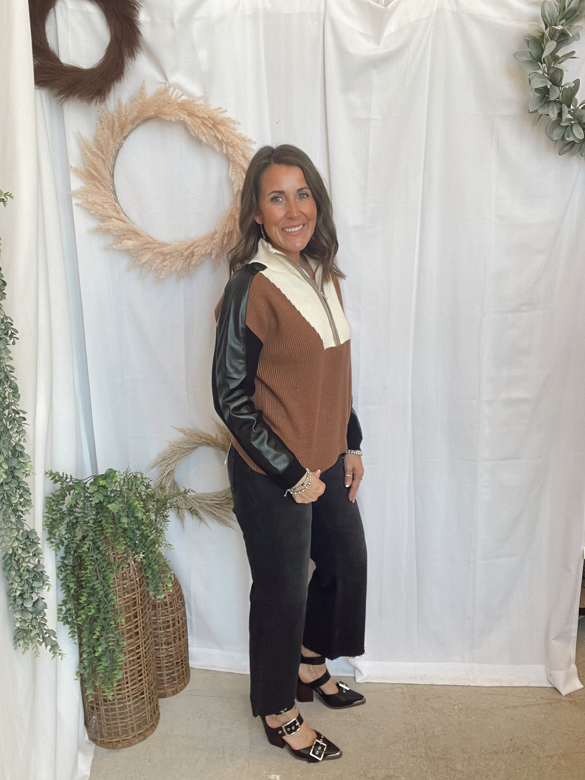 Elan Camel Color Block Sweater-Sweaters-elan-The Silo Boutique, Women's Fashion Boutique Located in Warren and Grand Forks North Dakota