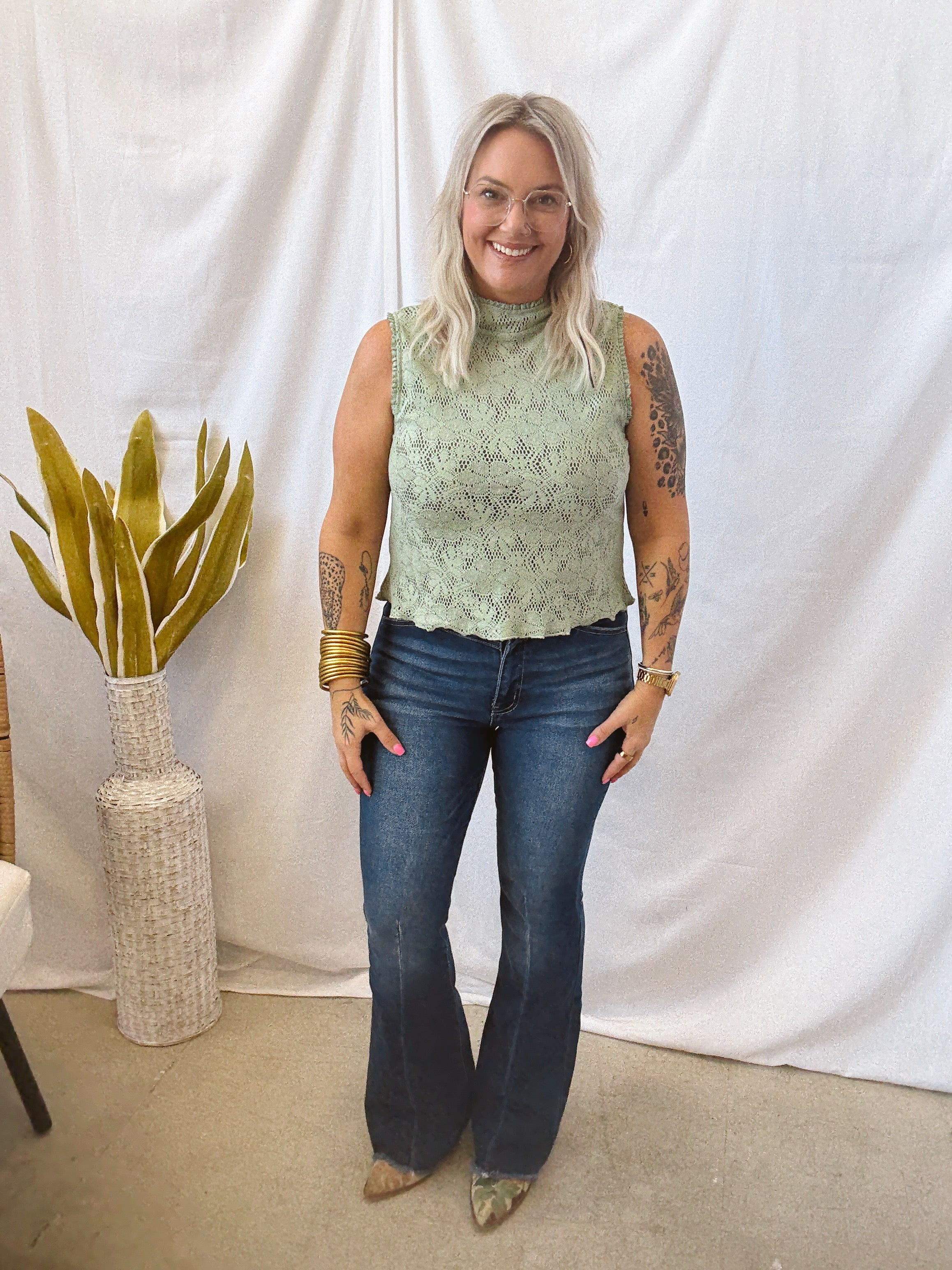 Lace Sheer Tank Top-Sage-Final Sale-Tank Tops-Umgee-The Silo Boutique, Women's Fashion Boutique Located in Warren and Grand Forks North Dakota