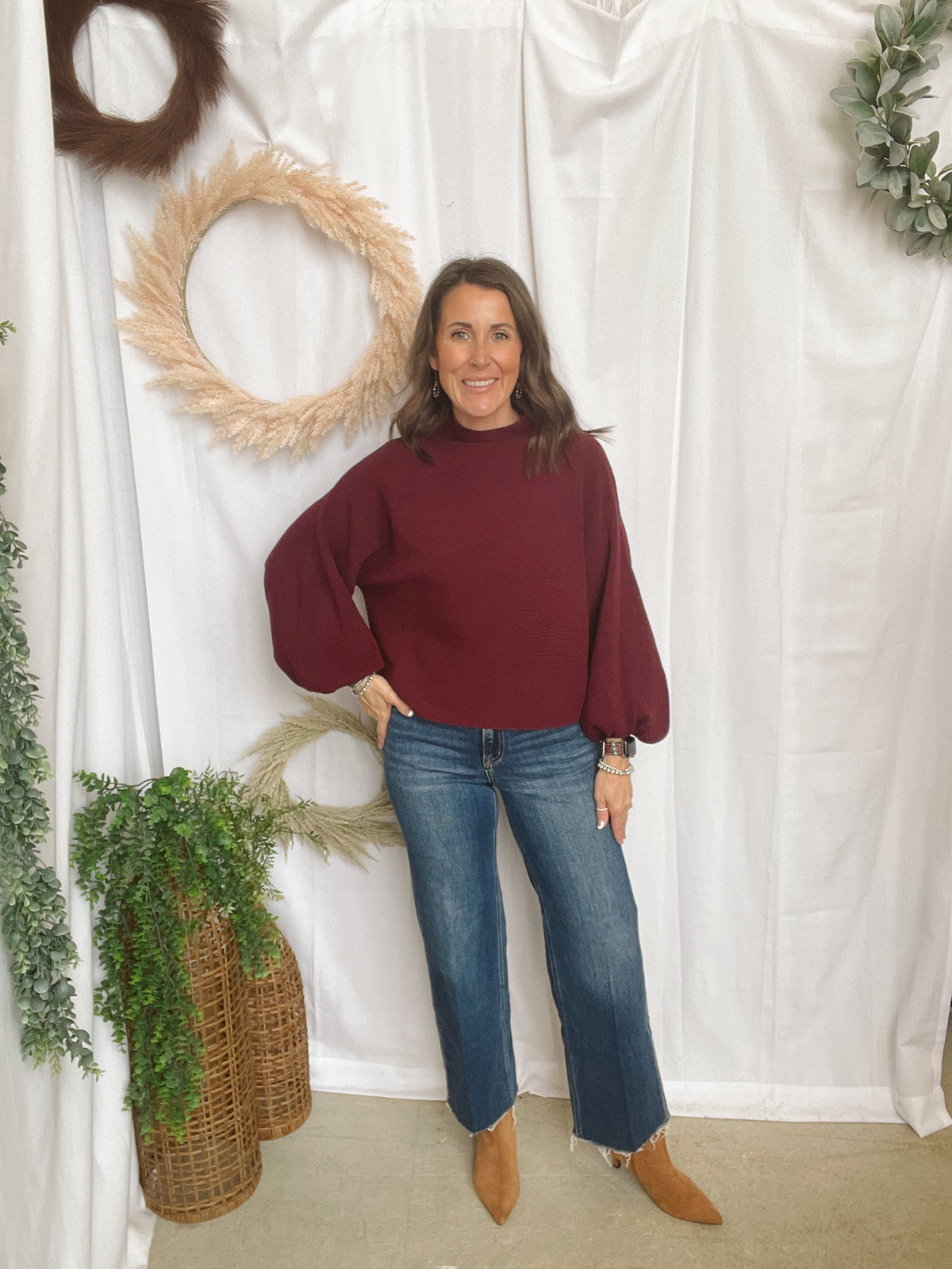 Malia Mock Neck Sweater-Burgundy-Sweaters-ENTRO-The Silo Boutique, Women's Fashion Boutique Located in Warren and Grand Forks North Dakota