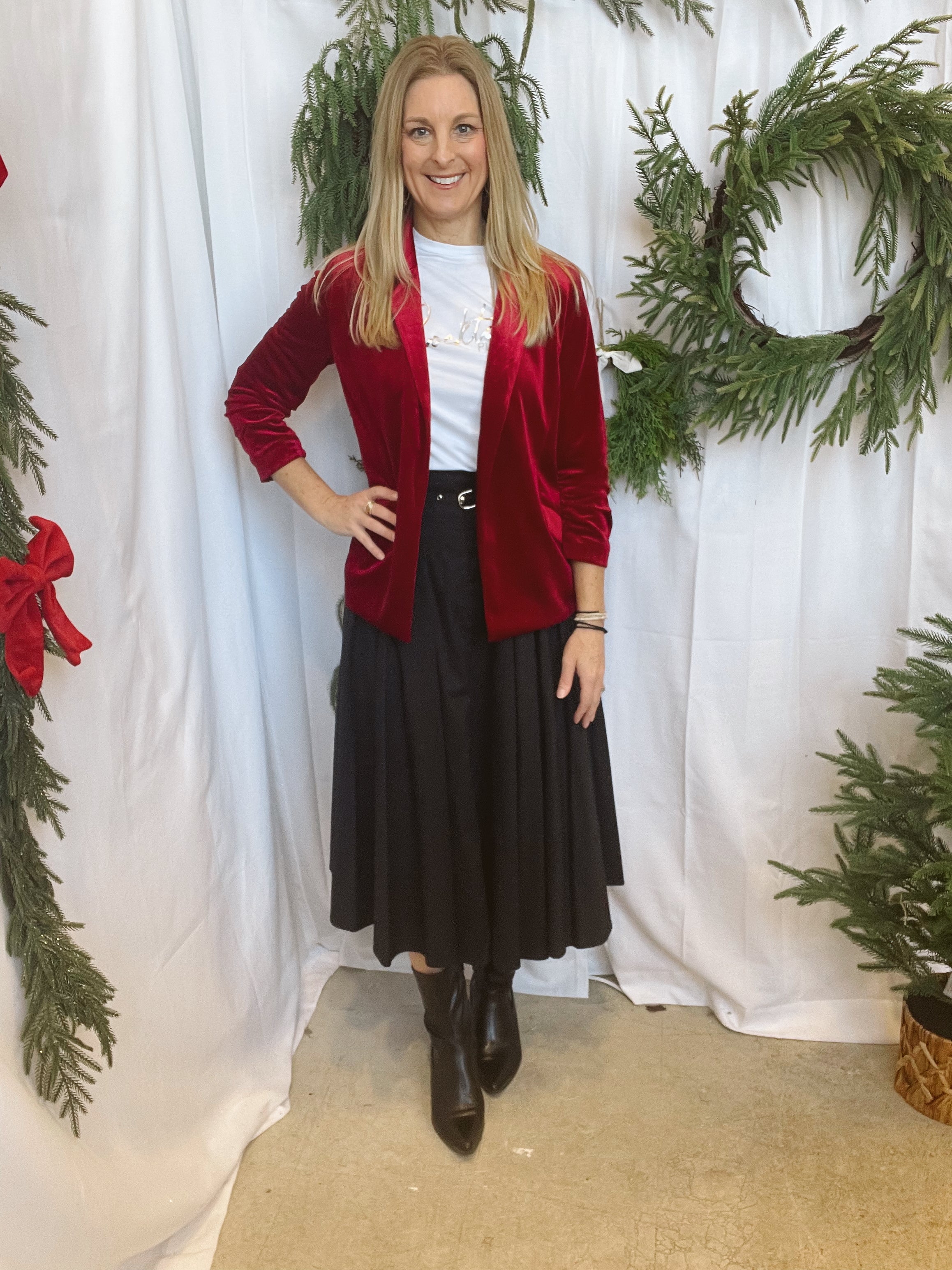 Ruby Red Velvet Blazer-Final sale-Blazers-skies are blue-The Silo Boutique, Women's Fashion Boutique Located in Warren and Grand Forks North Dakota