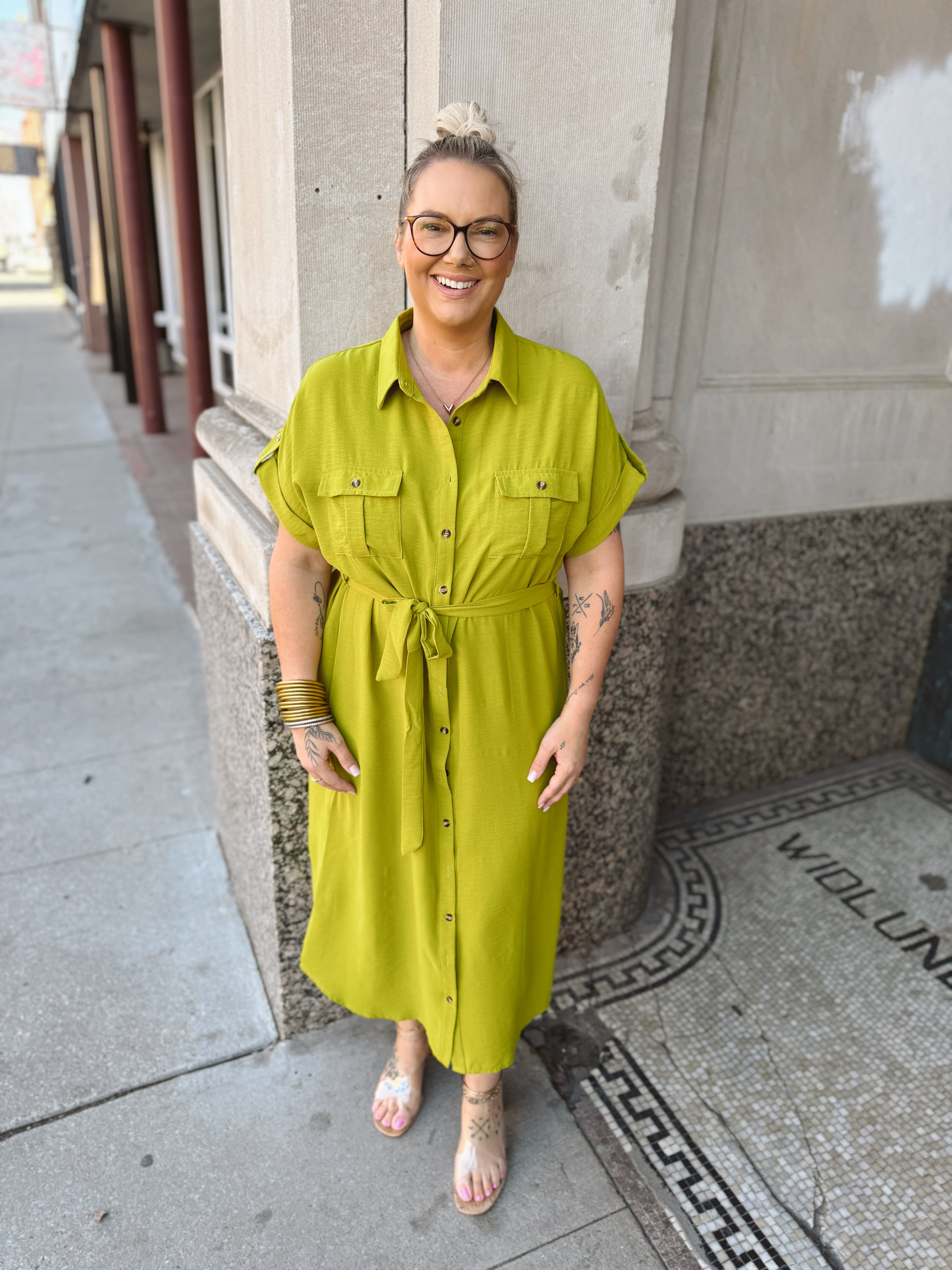 Chartreuse Button Down and Belted Dress-Final Sale Online Only-Dresses-she and sky-The Silo Boutique, Women's Fashion Boutique Located in Warren and Grand Forks North Dakota