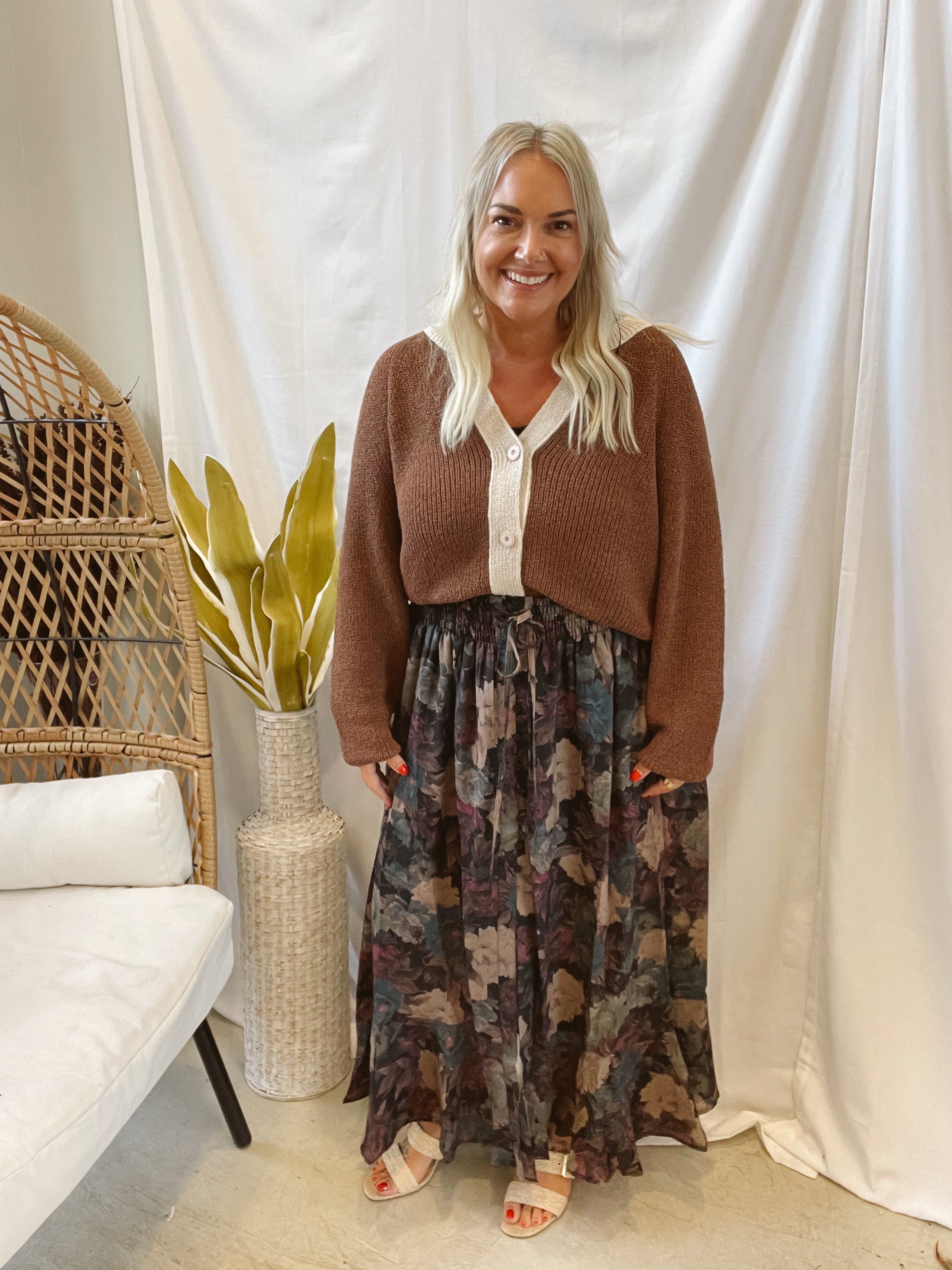 Wine Floral Button Maxi Skirt-Final sale-Skirts-promesa-The Silo Boutique, Women's Fashion Boutique Located in Warren and Grand Forks North Dakota