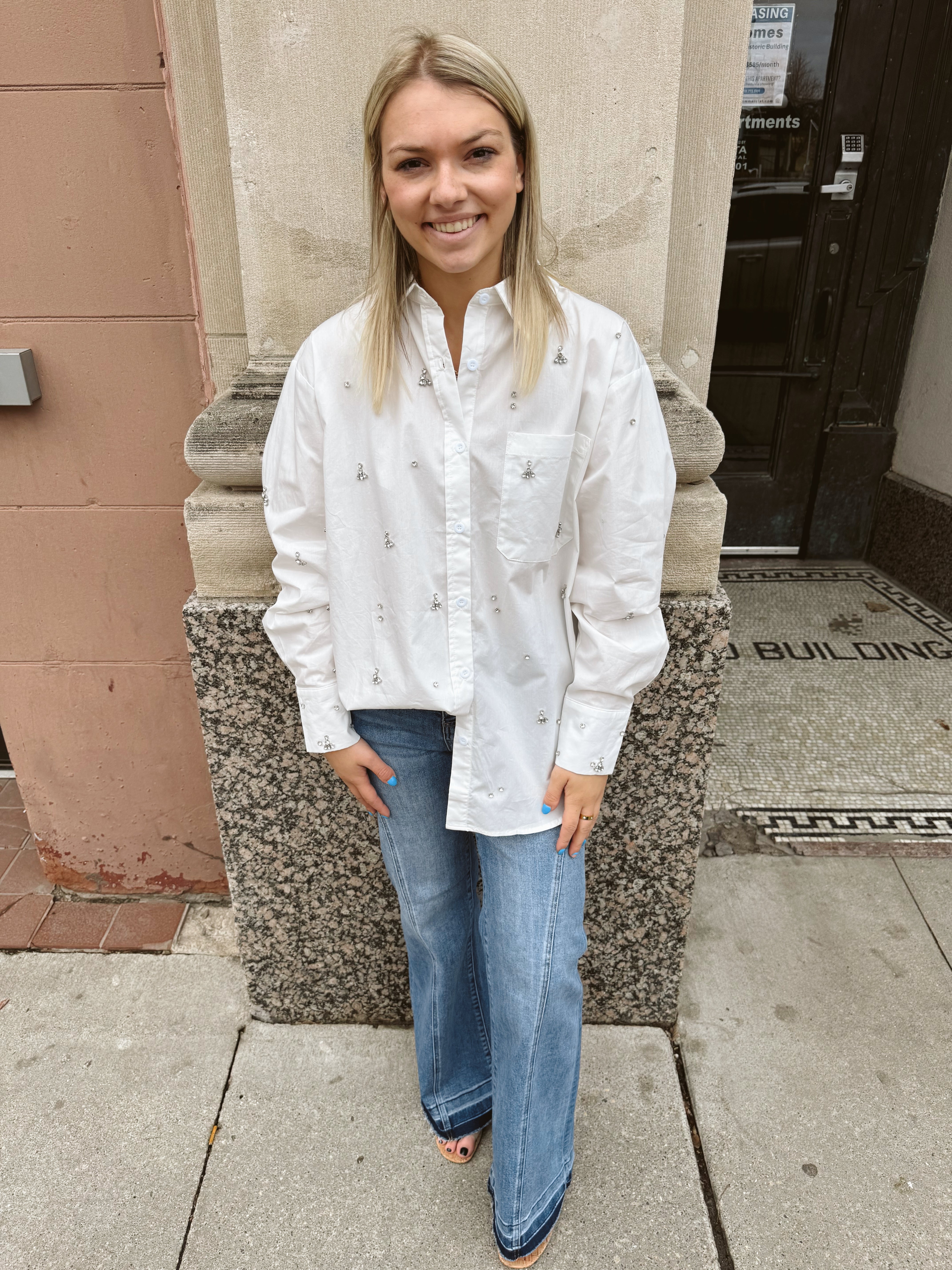 Jewel Studded White Button Down Shirt-Final Sale-Long Sleeve Tops-blue B-The Silo Boutique, Women's Fashion Boutique Located in Warren and Grand Forks North Dakota