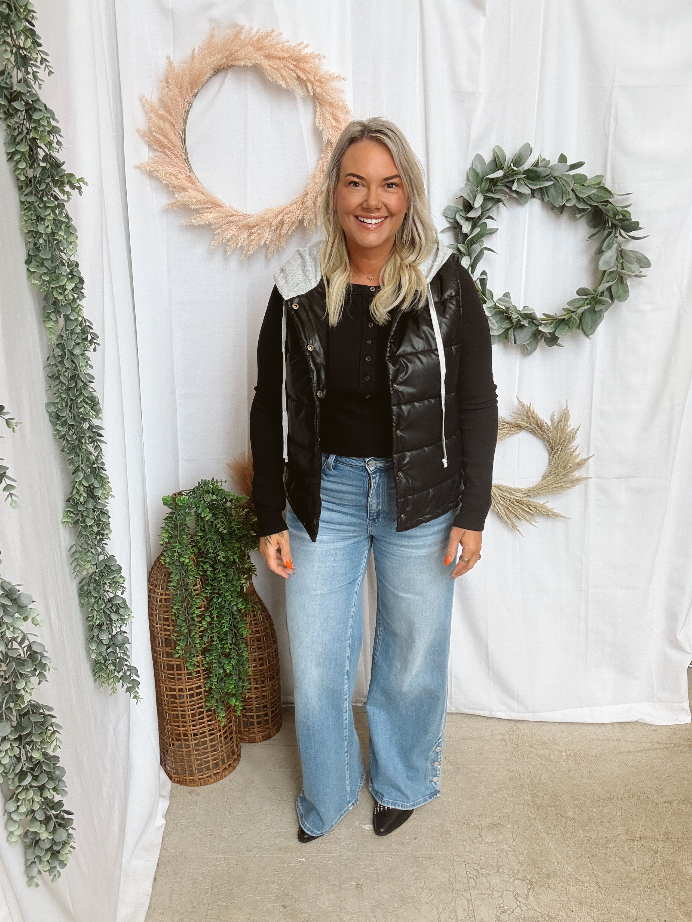 Faux Leather Puffer Hooded Vest-Vests-hem and thread-The Silo Boutique, Women's Fashion Boutique Located in Warren and Grand Forks North Dakota