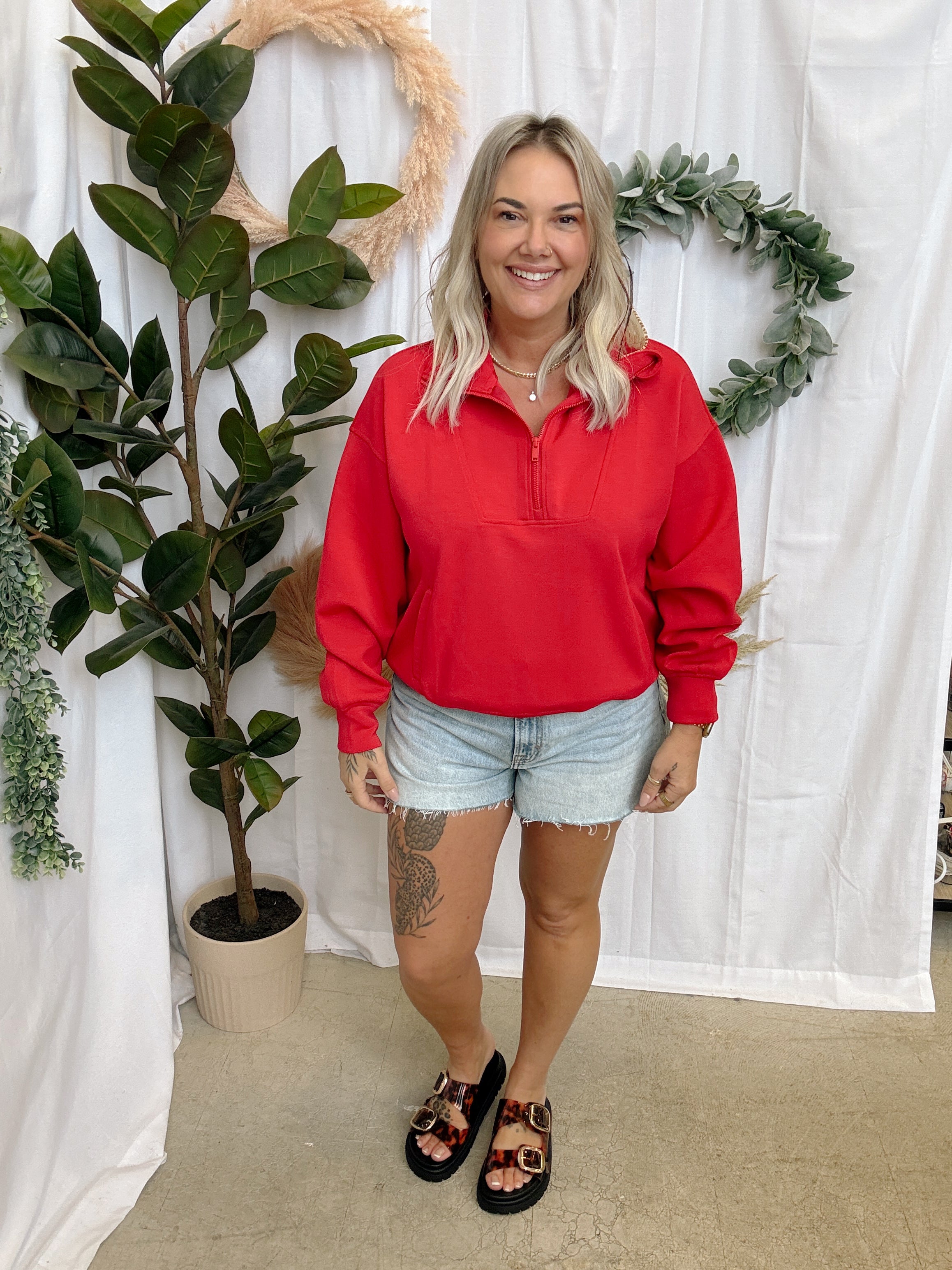 Rae Mode Quarter Zip Scuba Pullover-Red-Sweatshirts-rae mode-The Silo Boutique, Women's Fashion Boutique Located in Warren and Grand Forks North Dakota