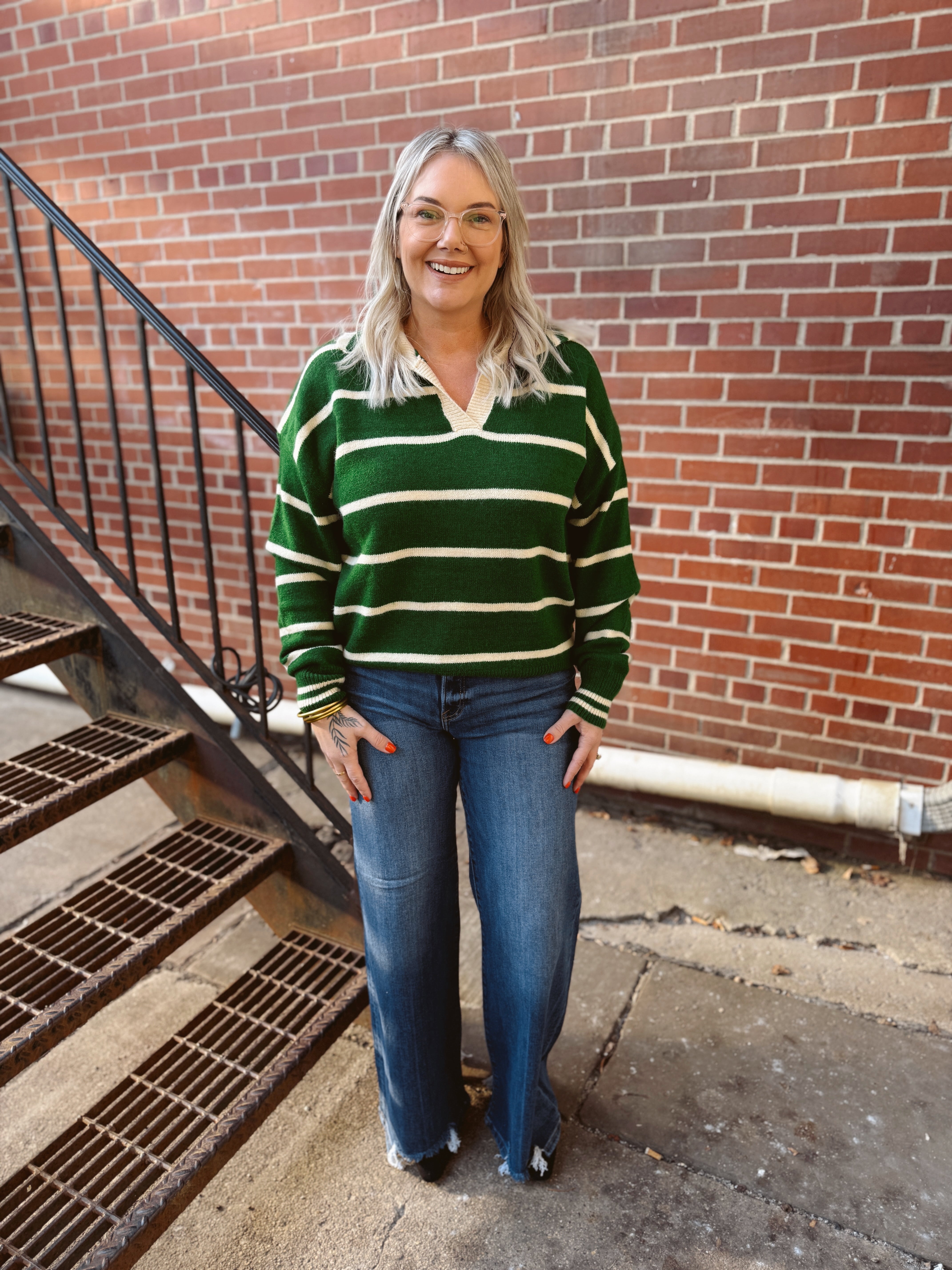 V Neck Collared Sweater Top-Green Beige-Sweaters-&merci-The Silo Boutique, Women's Fashion Boutique Located in Warren and Grand Forks North Dakota