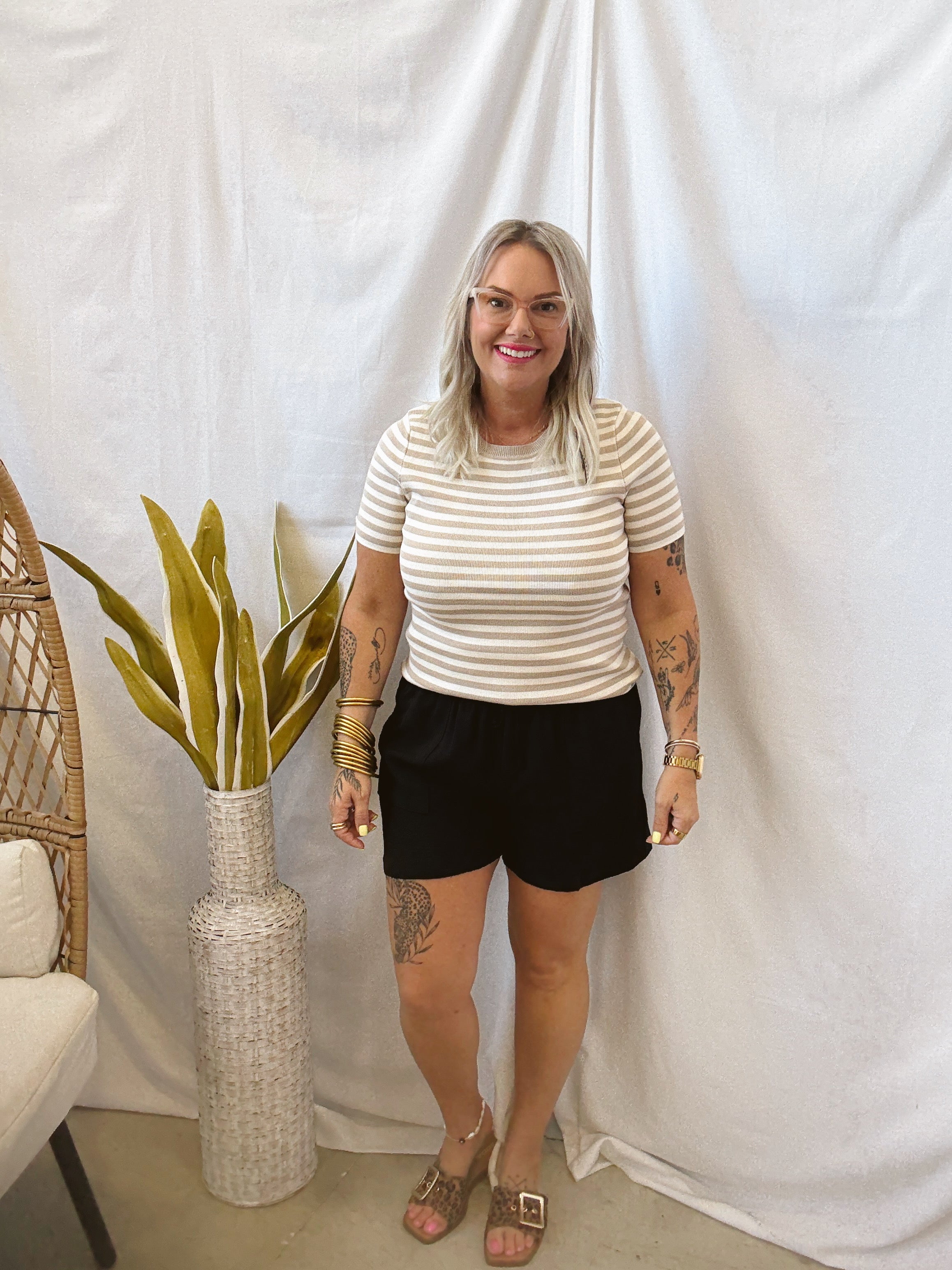 Taupe Stripe Crew Short Sleeve Top-Final Sale-Short Sleeve Tops-stacatto-The Silo Boutique, Women's Fashion Boutique Located in Warren and Grand Forks North Dakota
