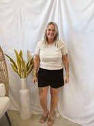 Taupe Stripe Crew Short Sleeve Top-Final Sale-Short Sleeve Tops-stacatto-The Silo Boutique, Women's Fashion Boutique Located in Warren and Grand Forks North Dakota