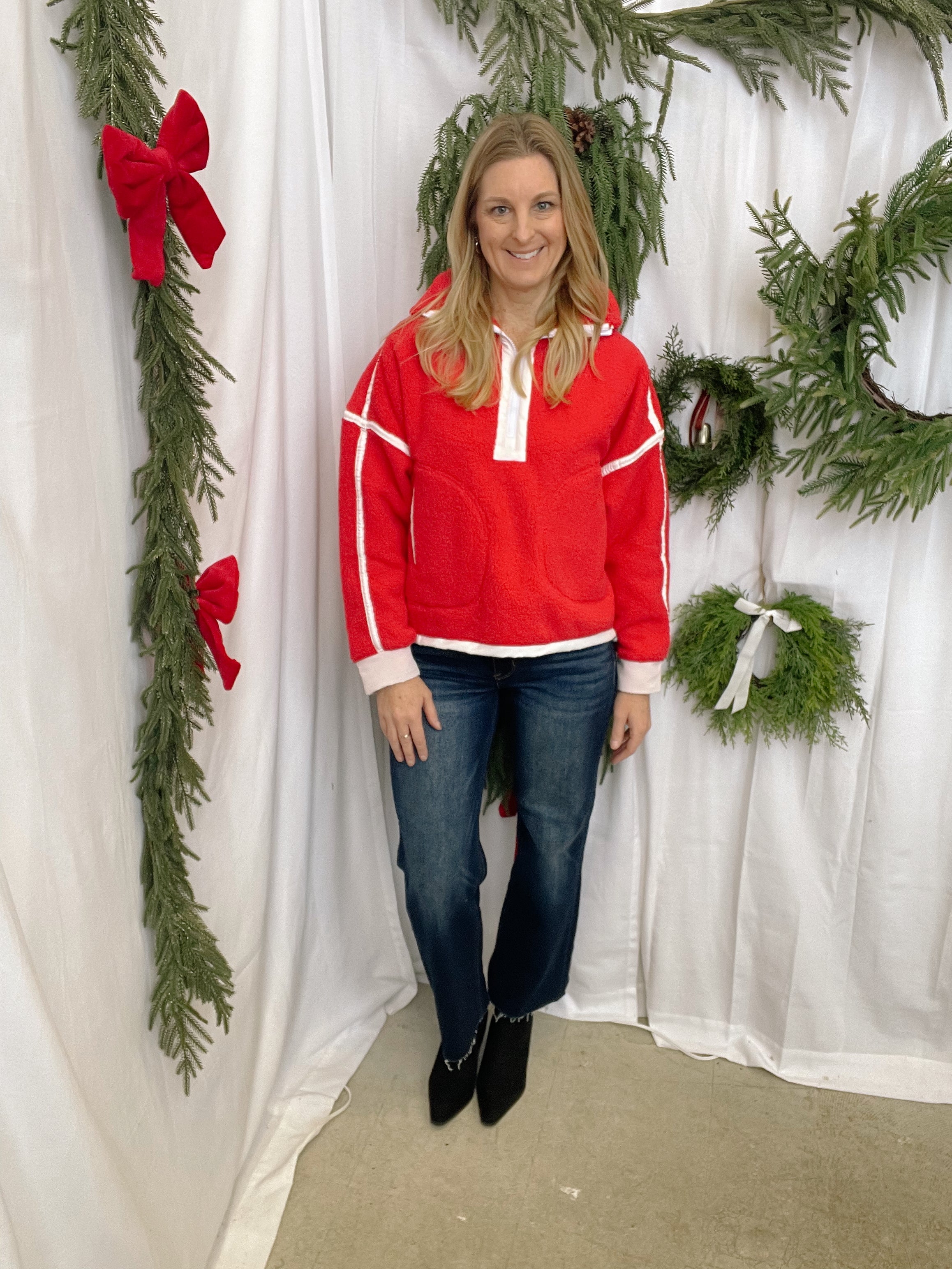 Aspen Sherpa Quarter Zip-Red-Sweatshirts-salty waves-The Silo Boutique, Women's Fashion Boutique Located in Warren and Grand Forks North Dakota