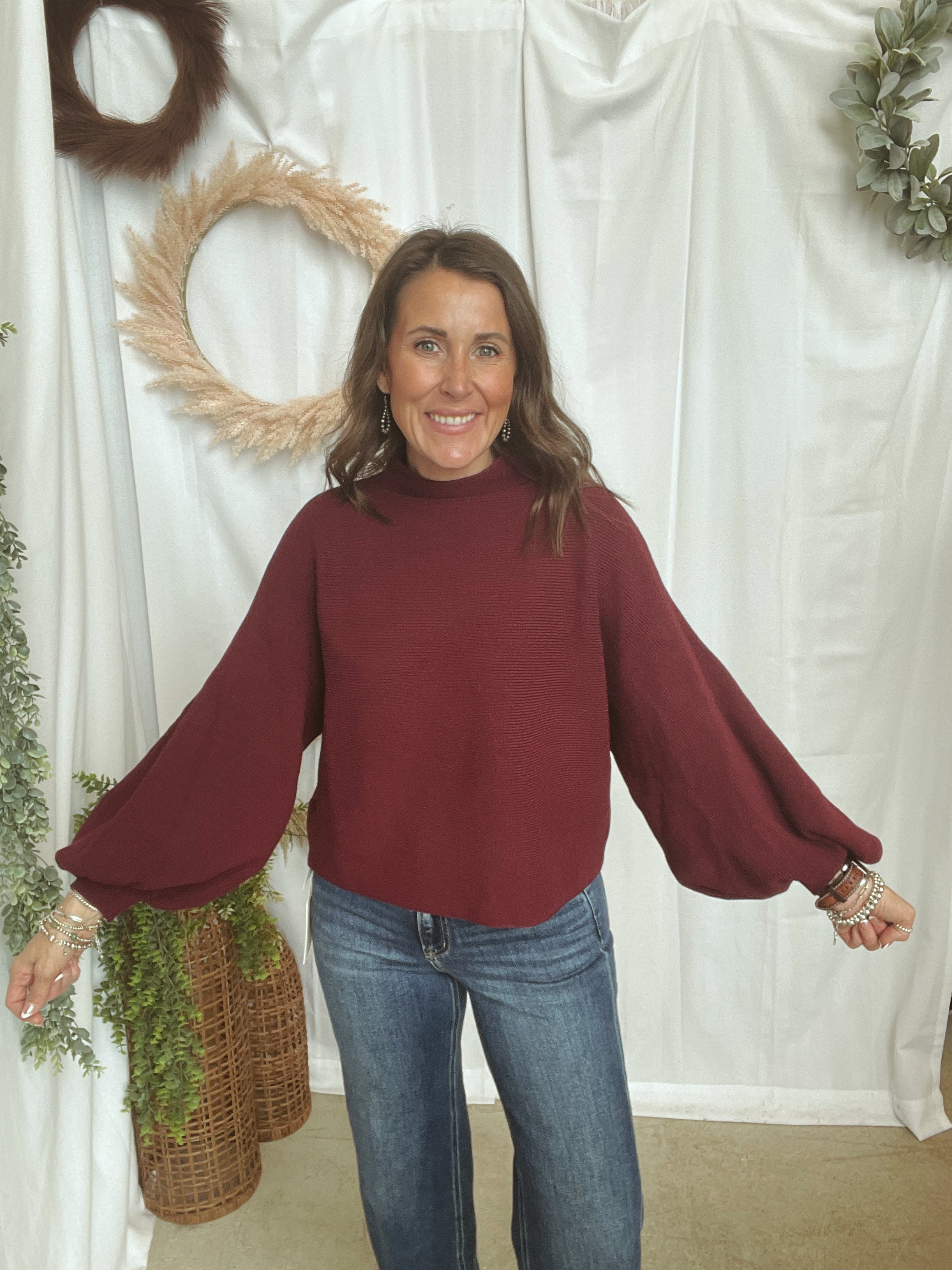 Malia Mock Neck Sweater-Burgundy-Sweaters-ENTRO-The Silo Boutique, Women's Fashion Boutique Located in Warren and Grand Forks North Dakota