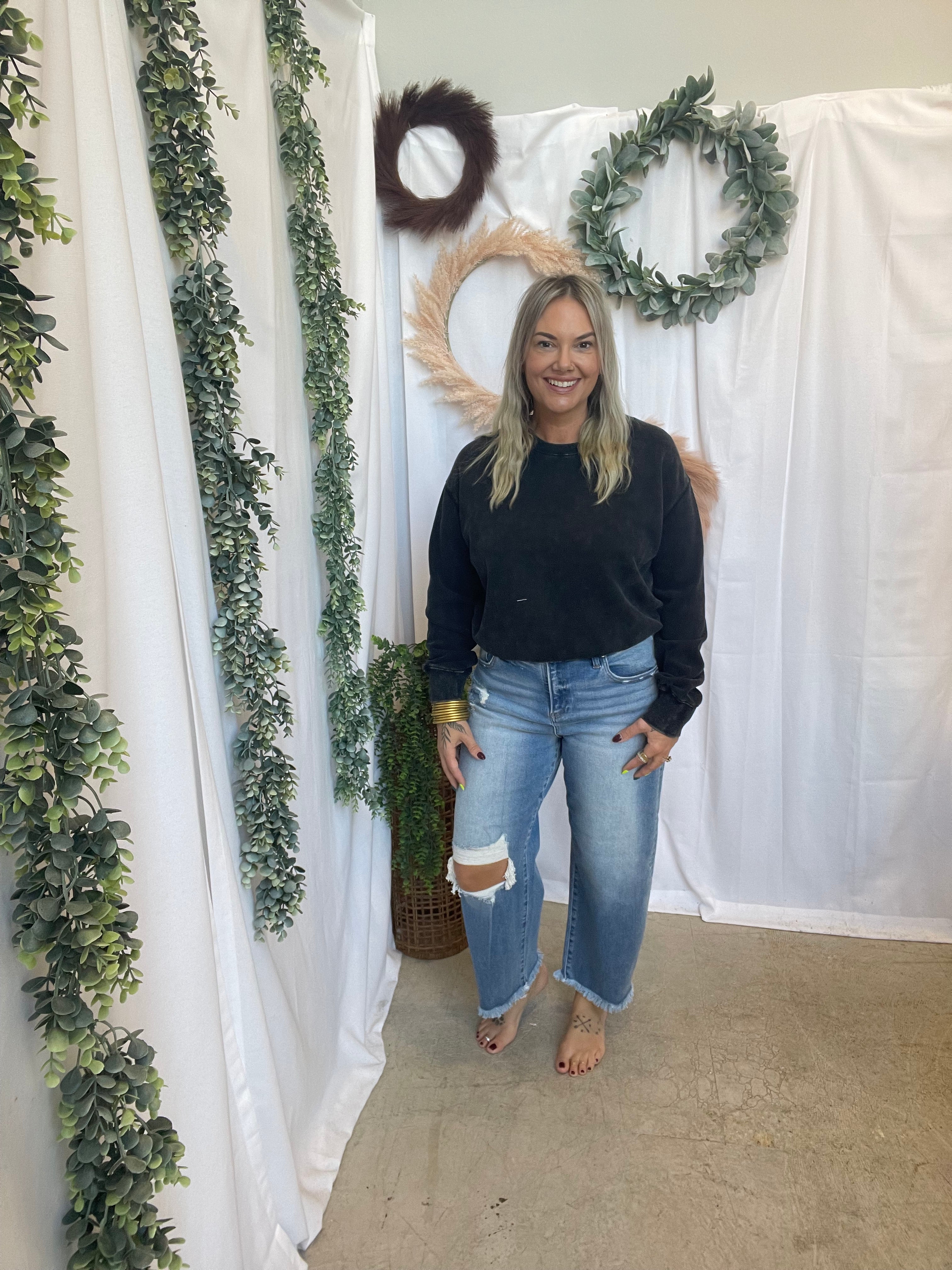 Lillian Crew Sweatshirt-Black-Sweatshirts-hyfve-The Silo Boutique, Women's Fashion Boutique Located in Warren and Grand Forks North Dakota