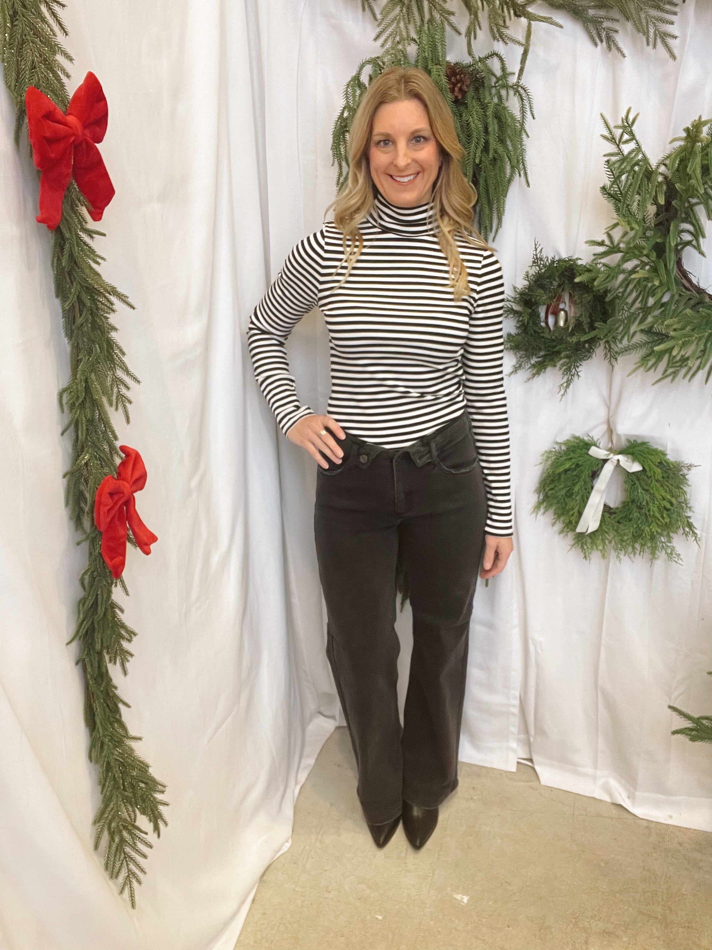 Leslie Striped Turtleneck-Black-Long Sleeve Tops-hyfve-The Silo Boutique, Women's Fashion Boutique Located in Warren and Grand Forks North Dakota
