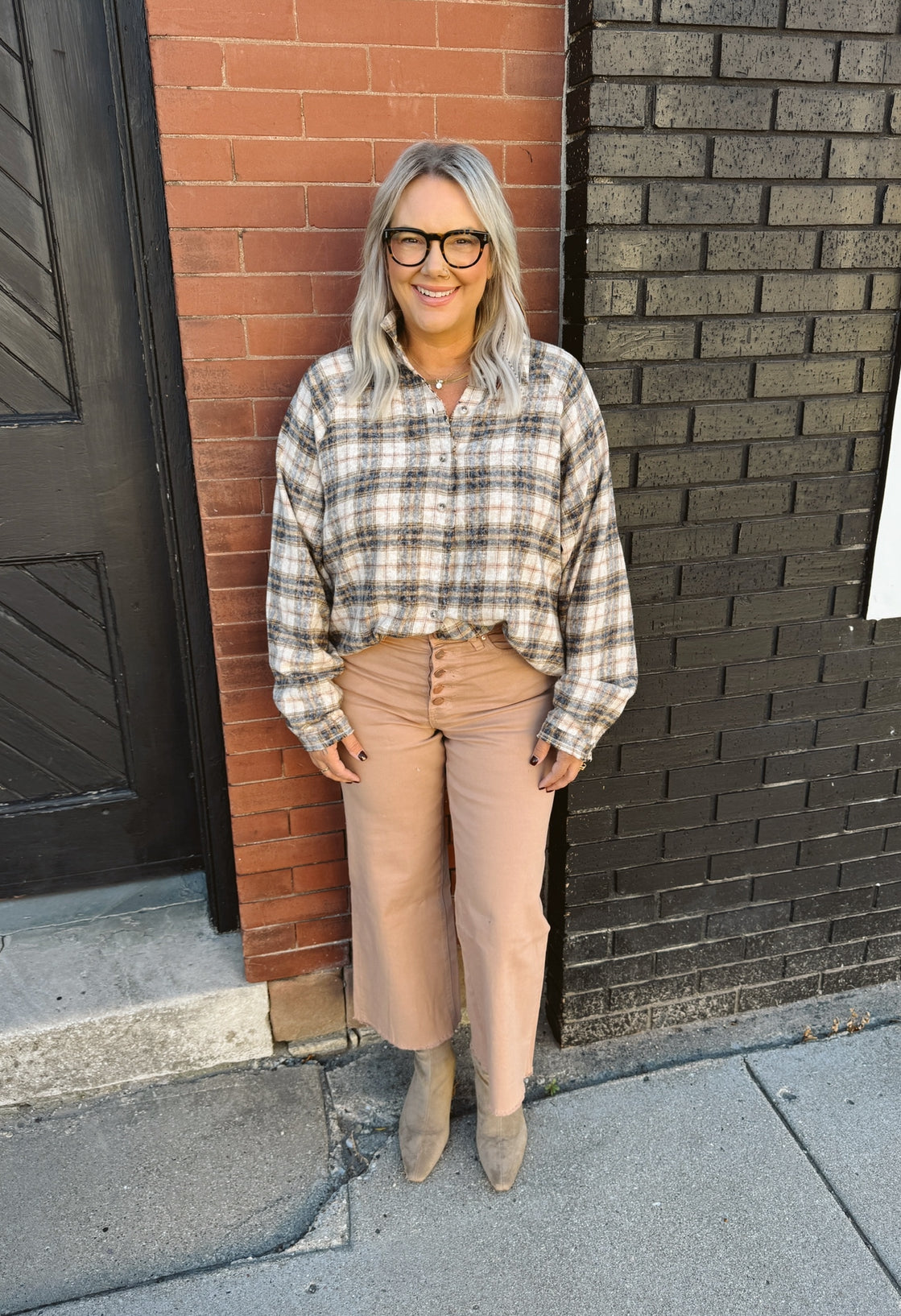 Sand and Navy Plaid Flannel Top-Final Sale-Long Sleeve Tops-wishlist-The Silo Boutique, Women's Fashion Boutique Located in Warren and Grand Forks North Dakota