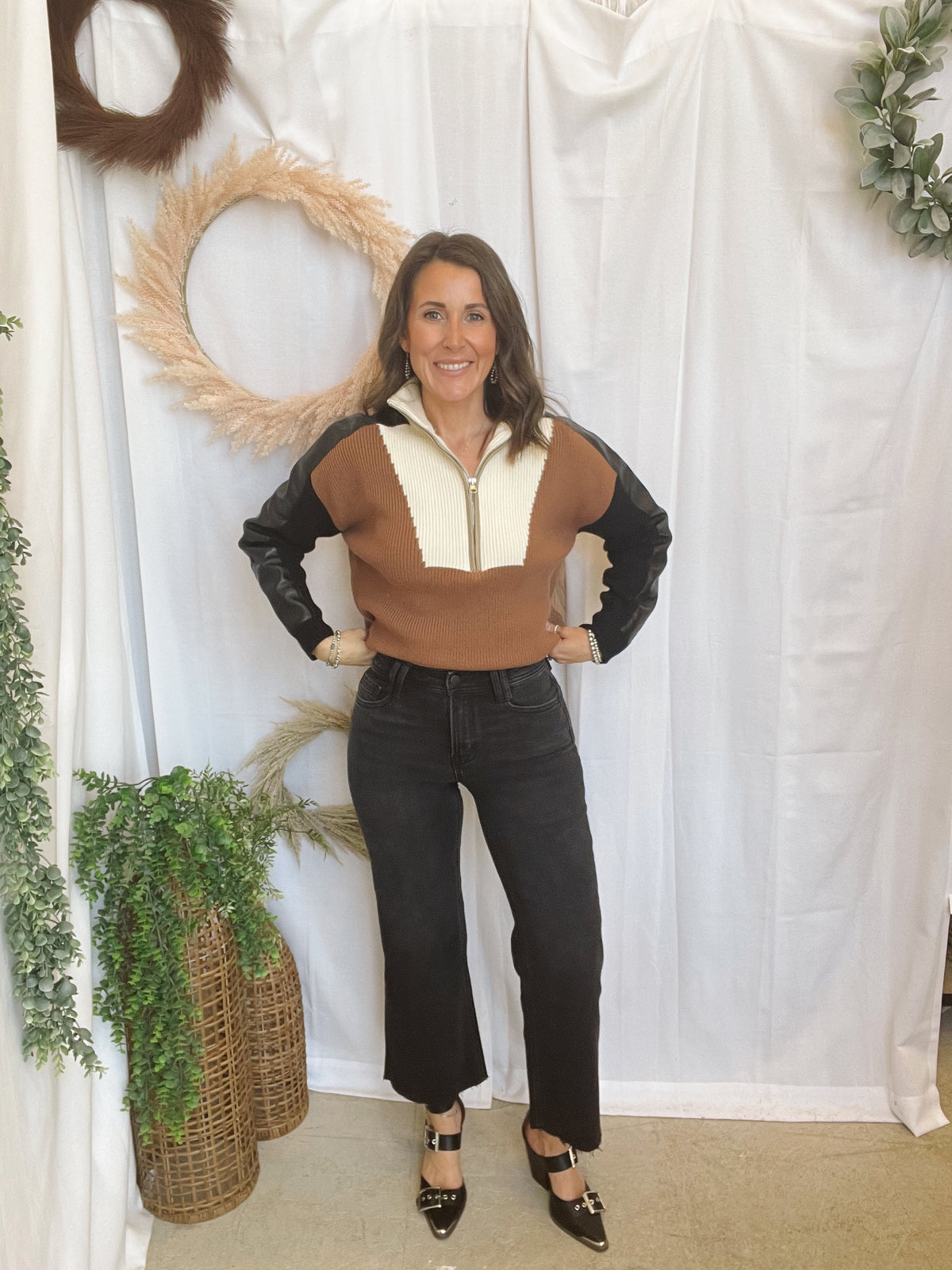 Elan Camel Color Block Sweater-Sweaters-elan-The Silo Boutique, Women's Fashion Boutique Located in Warren and Grand Forks North Dakota