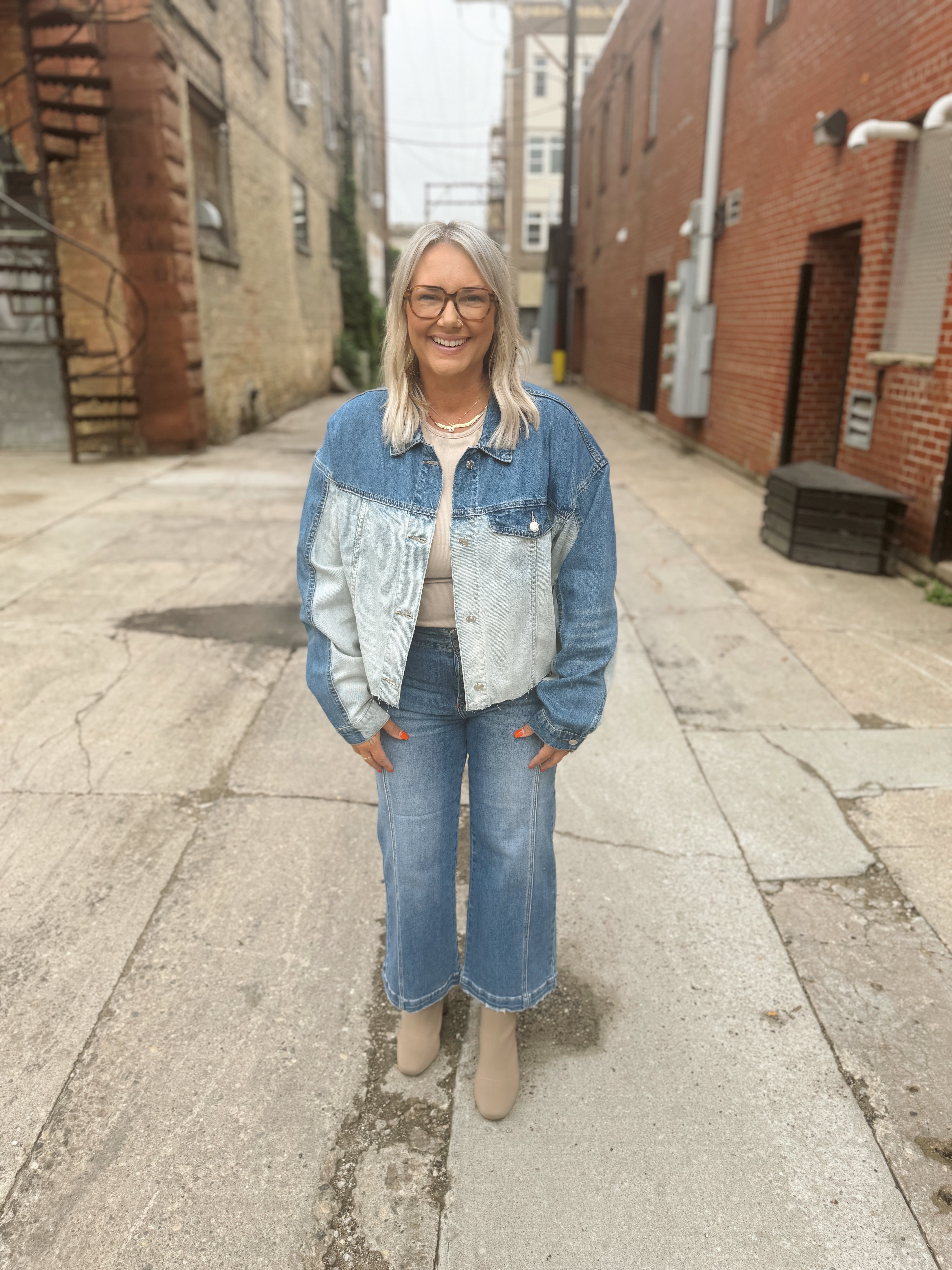 Denim Two Tone Crop Jacket-Coats & Jackets-eesome-The Silo Boutique, Women's Fashion Boutique Located in Warren and Grand Forks North Dakota