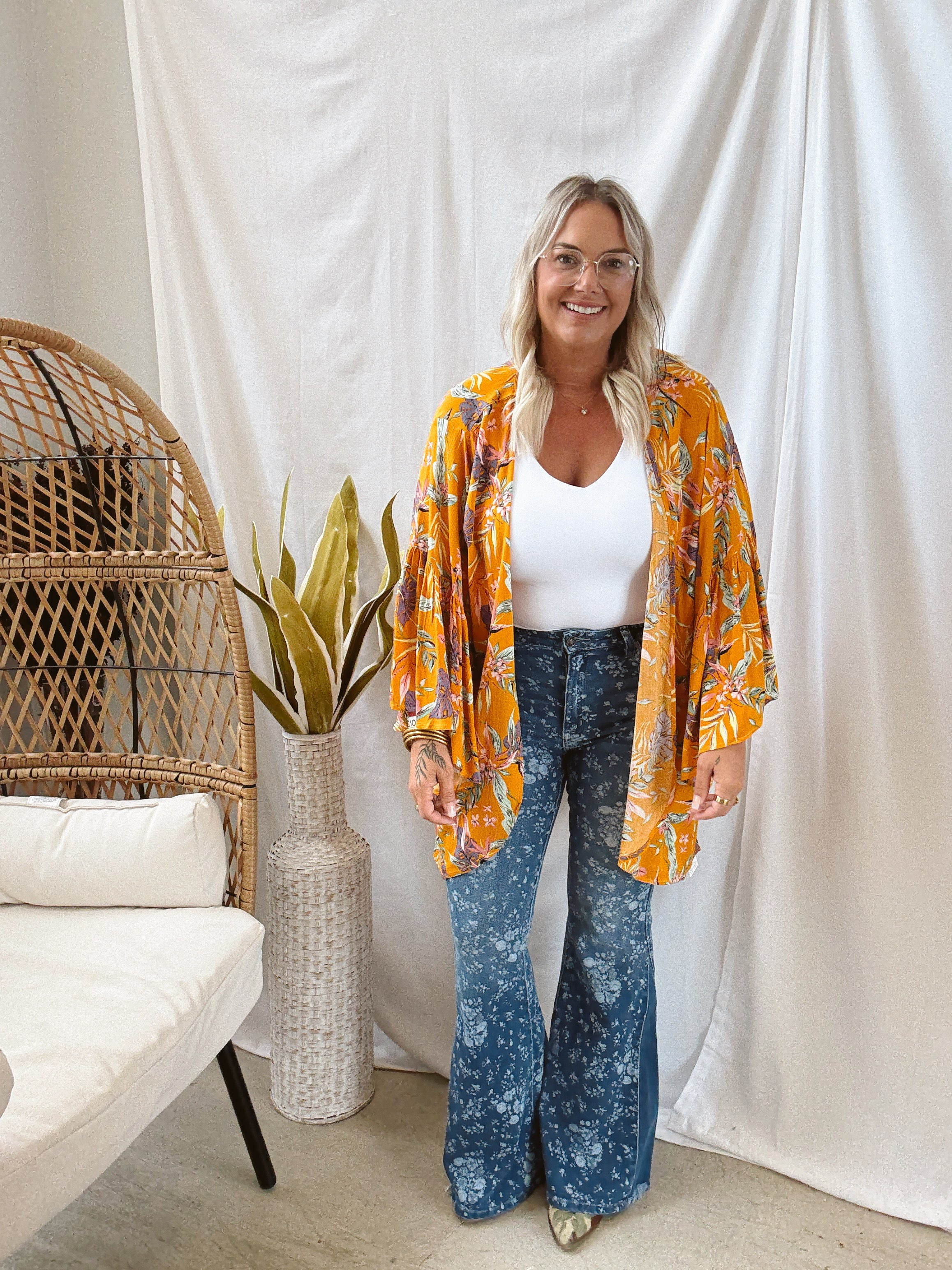 Mustard Floral Kimono-Final Sale-Kimonos-Leto-The Silo Boutique, Women's Fashion Boutique Located in Warren and Grand Forks North Dakota