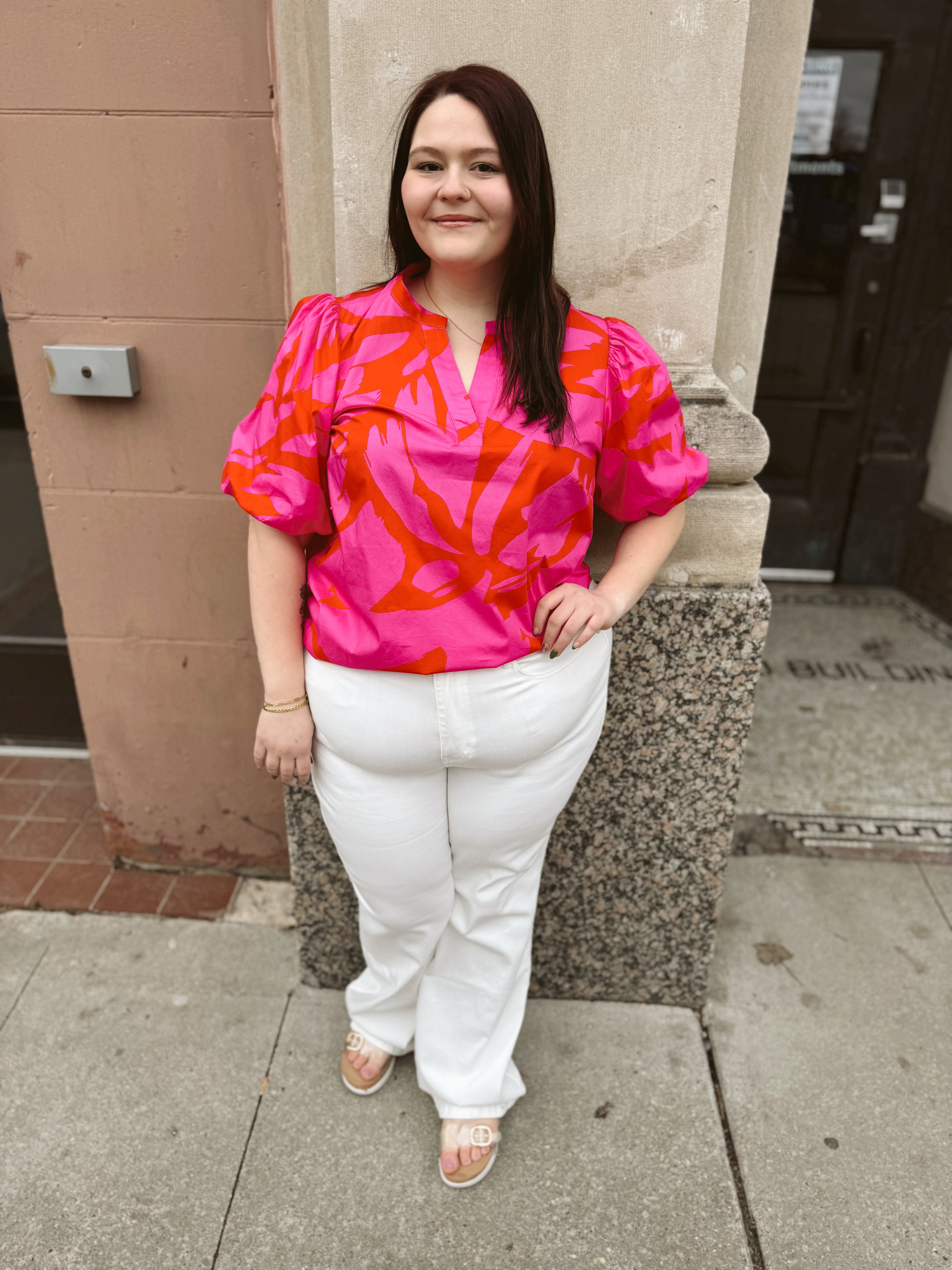 Jolene Abstract Tropical Split Neck Top-Short Sleeve Tops-sugarlips-The Silo Boutique, Women's Fashion Boutique Located in Warren and Grand Forks North Dakota