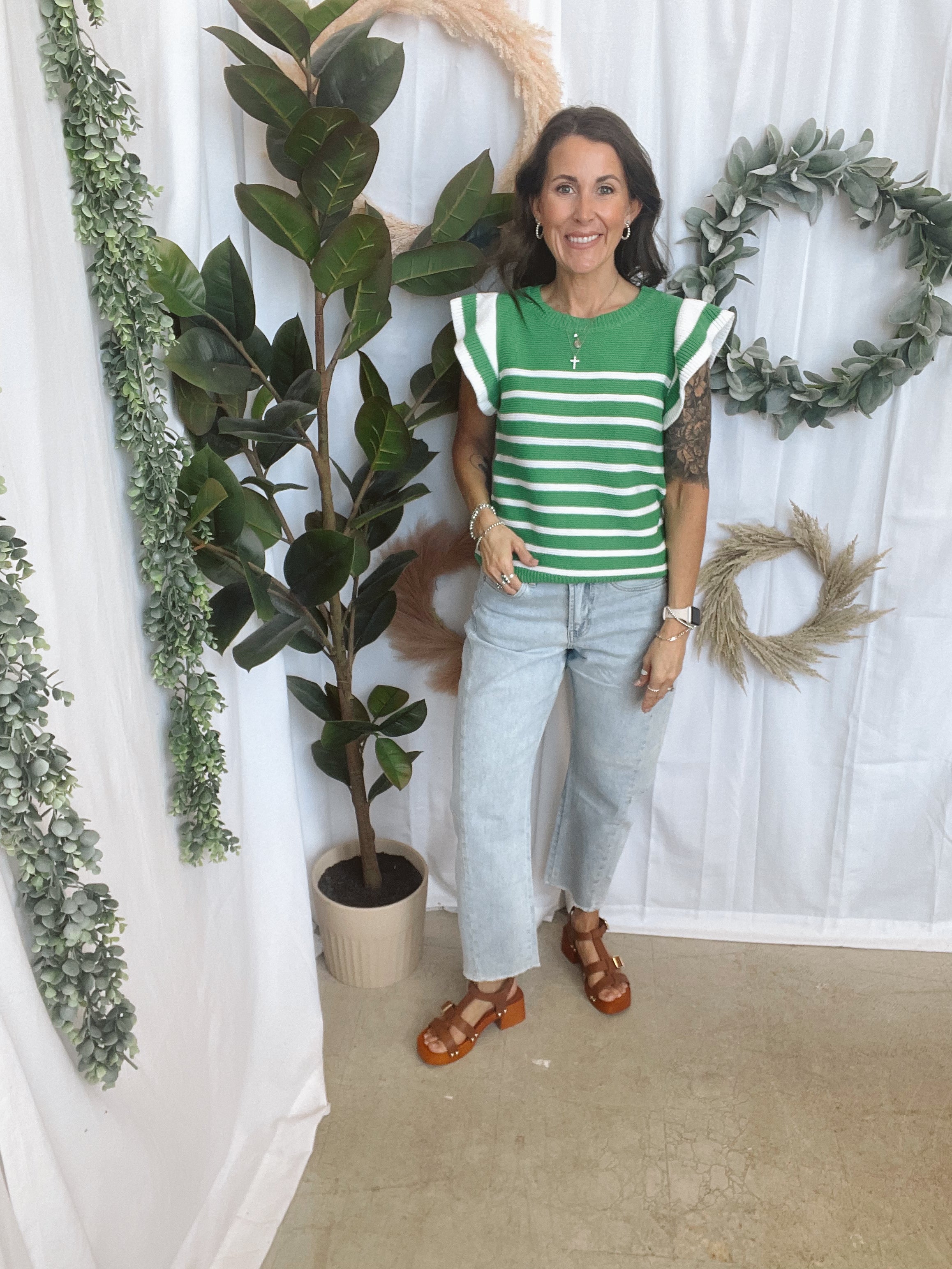 Green Striped Ruffle Short Sleeve Top-Short Sleeve Tops-staccato-The Silo Boutique, Women's Fashion Boutique Located in Warren and Grand Forks North Dakota