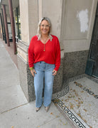 Ribbed Trim V Neck Sweater-Red-Sweaters-blu pepper-The Silo Boutique, Women's Fashion Boutique Located in Warren and Grand Forks North Dakota