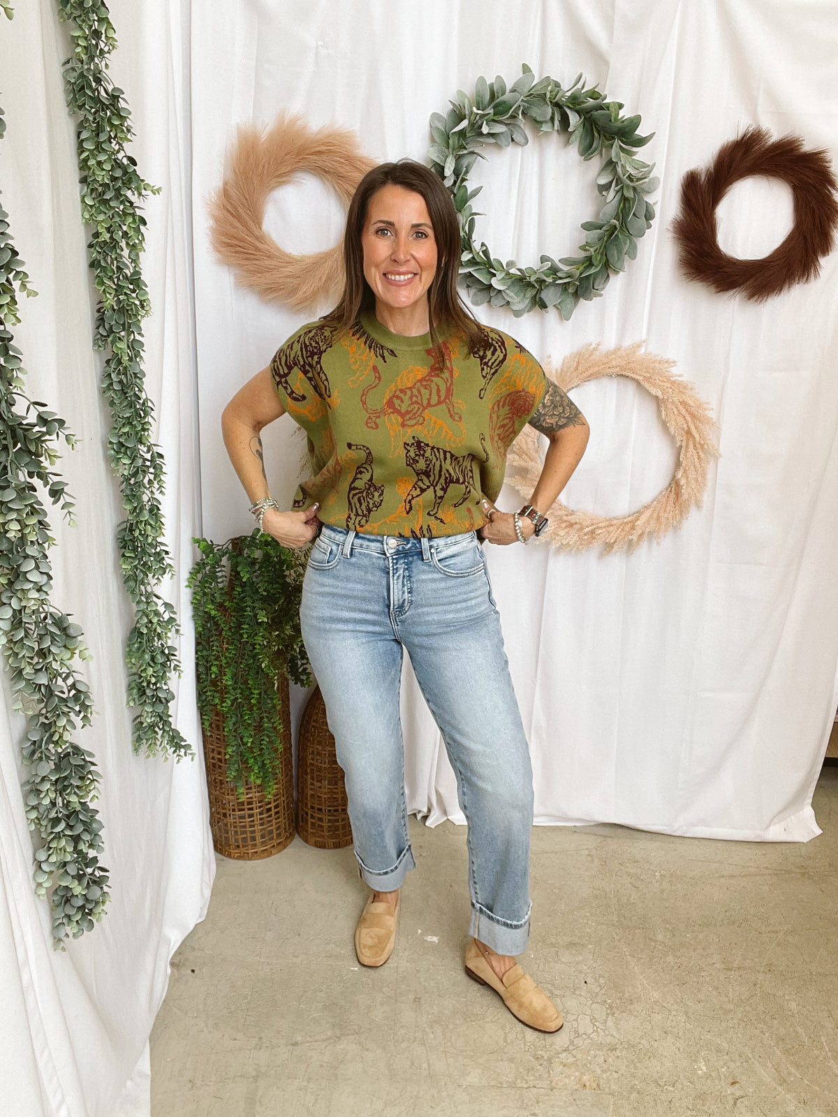 Taryn Tiger Cap Sleeve Sweater-Olive-Sweaters-ENTRO-The Silo Boutique, Women's Fashion Boutique Located in Warren and Grand Forks North Dakota