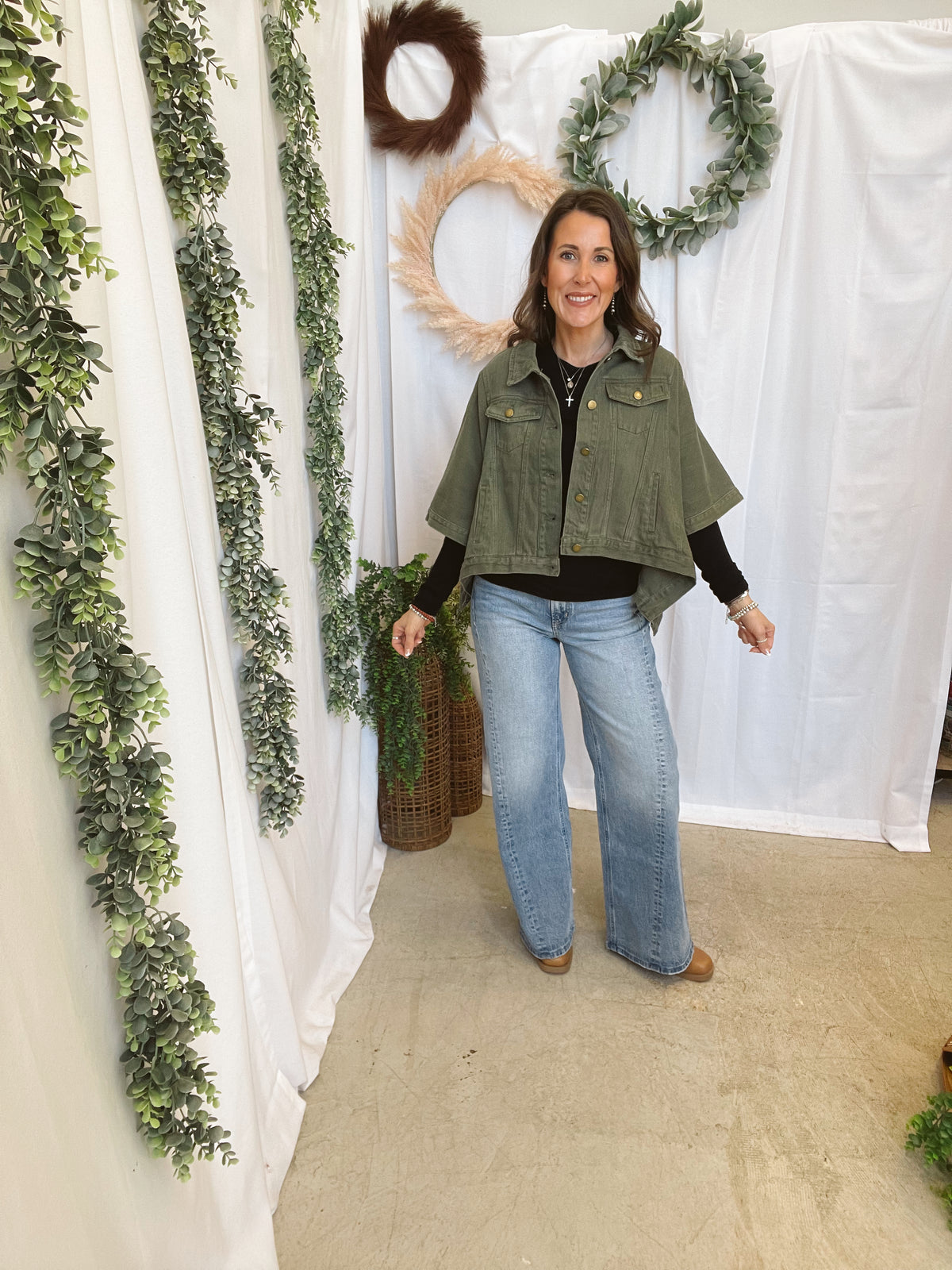 Leslie Denim Cape Jacket-Olive-Coats & Jackets-entro-The Silo Boutique, Women's Fashion Boutique Located in Warren and Grand Forks North Dakota