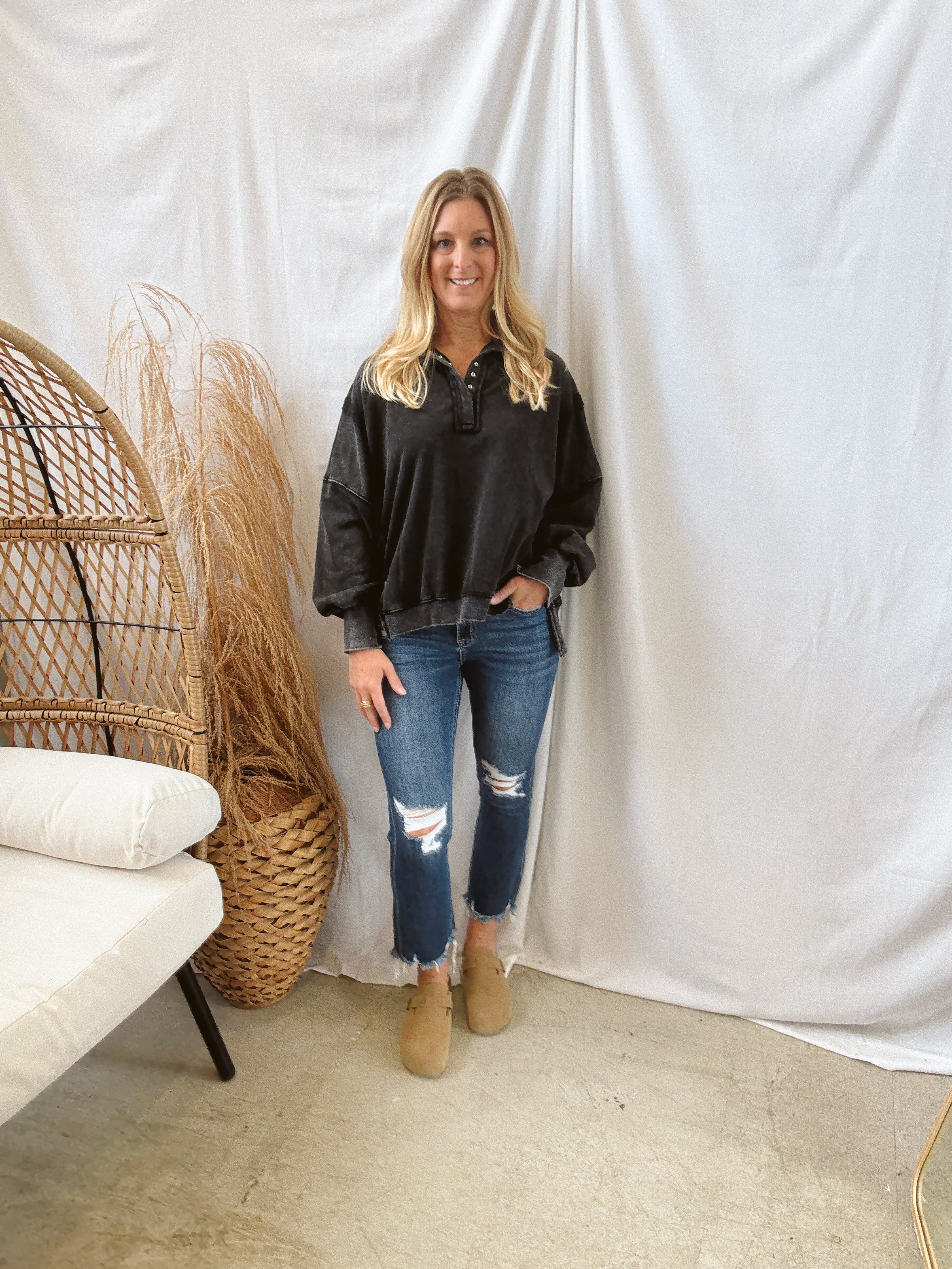 Mineral Wash Quarter Snap Sweatshirt-Black-Final Sale-Sweatshirts-eesome-The Silo Boutique, Women's Fashion Boutique Located in Warren and Grand Forks North Dakota