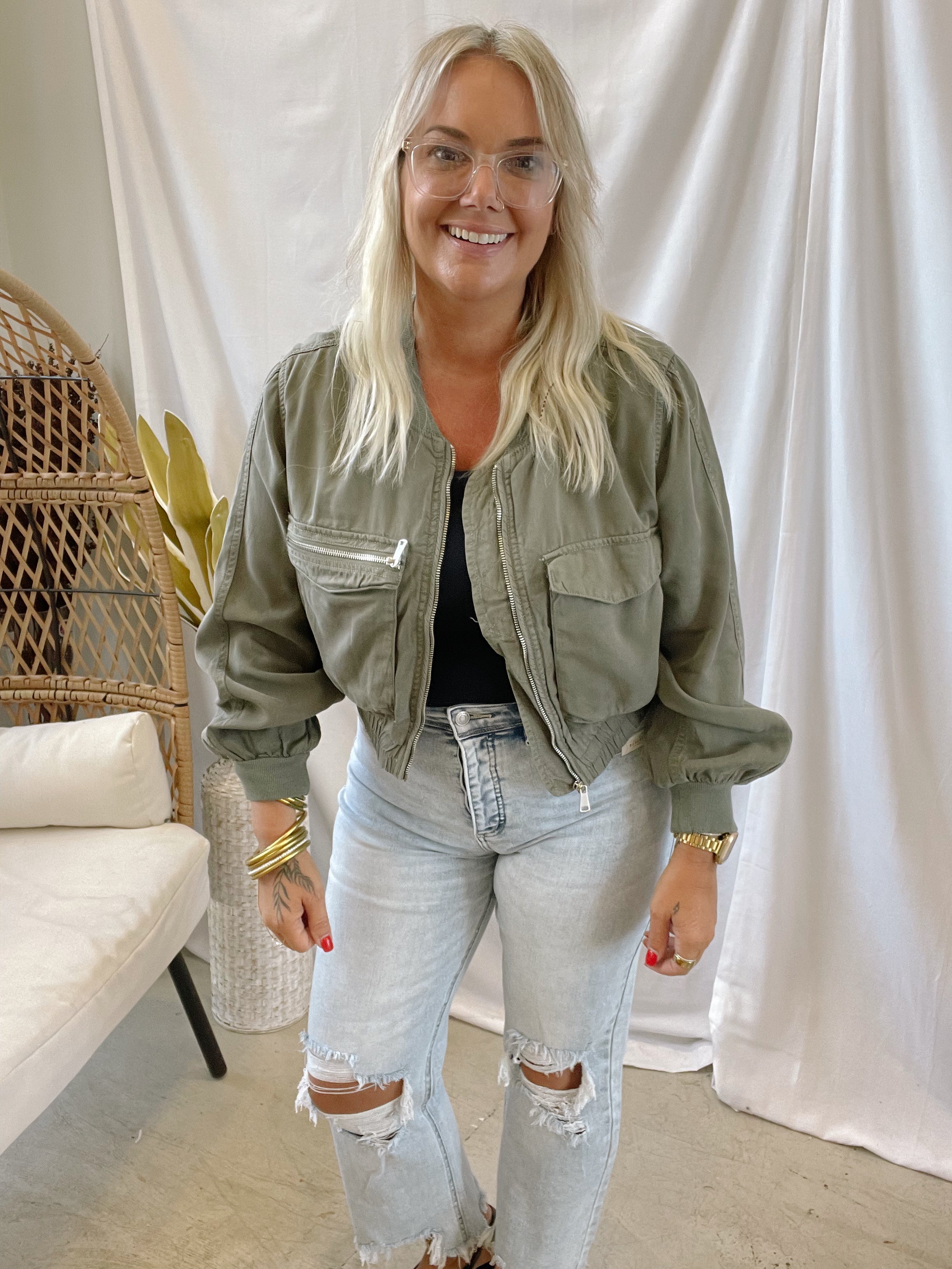 Risen Olive Bomber Jacket-Coats & Jackets-risen-The Silo Boutique, Women's Fashion Boutique Located in Warren and Grand Forks North Dakota