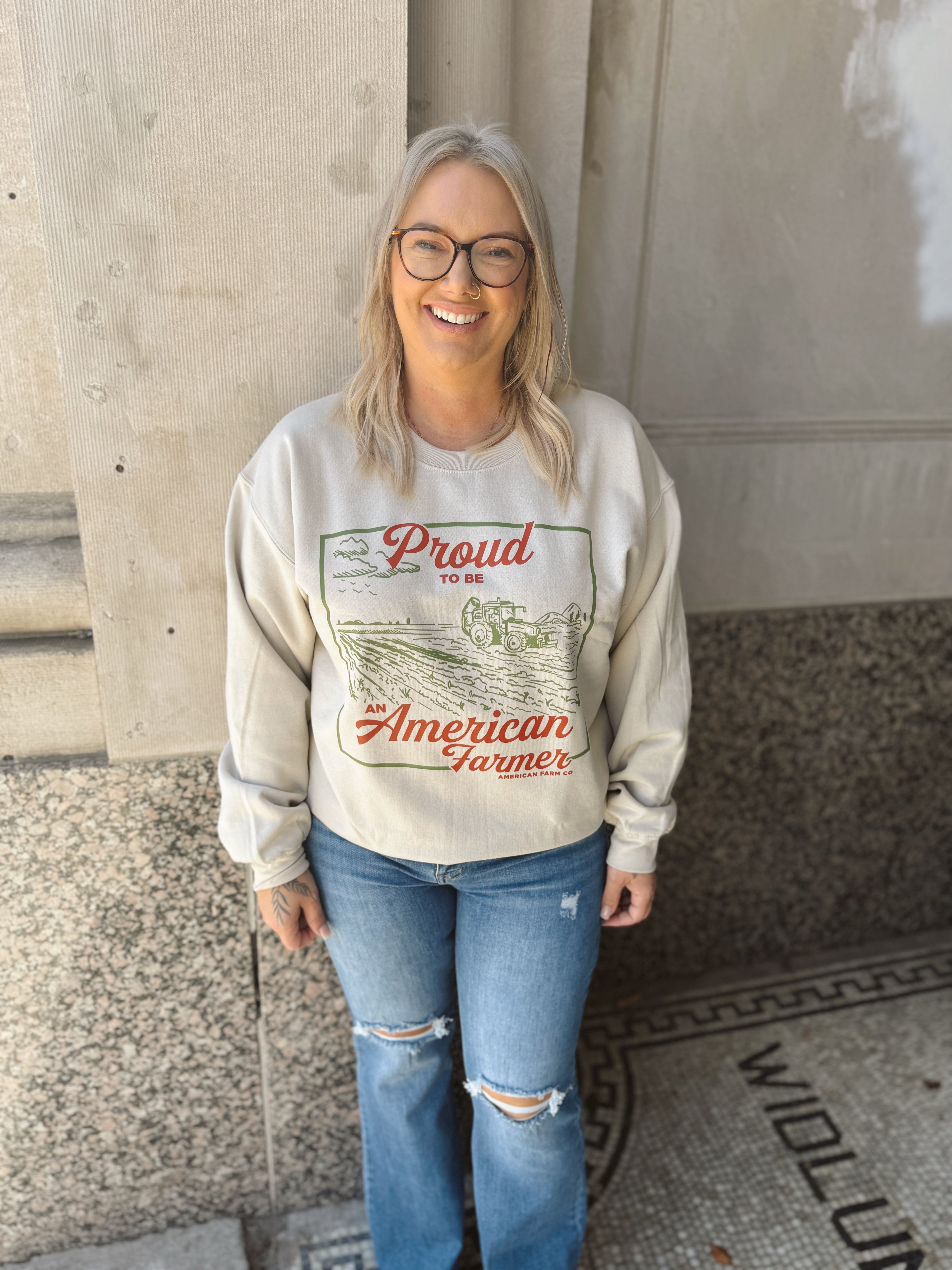 Proud American Farmer Tan Crewneck Sweatshirt-Final Sale Online Only-Graphic Tees-american farm company-The Silo Boutique, Women's Fashion Boutique Located in Warren and Grand Forks North Dakota