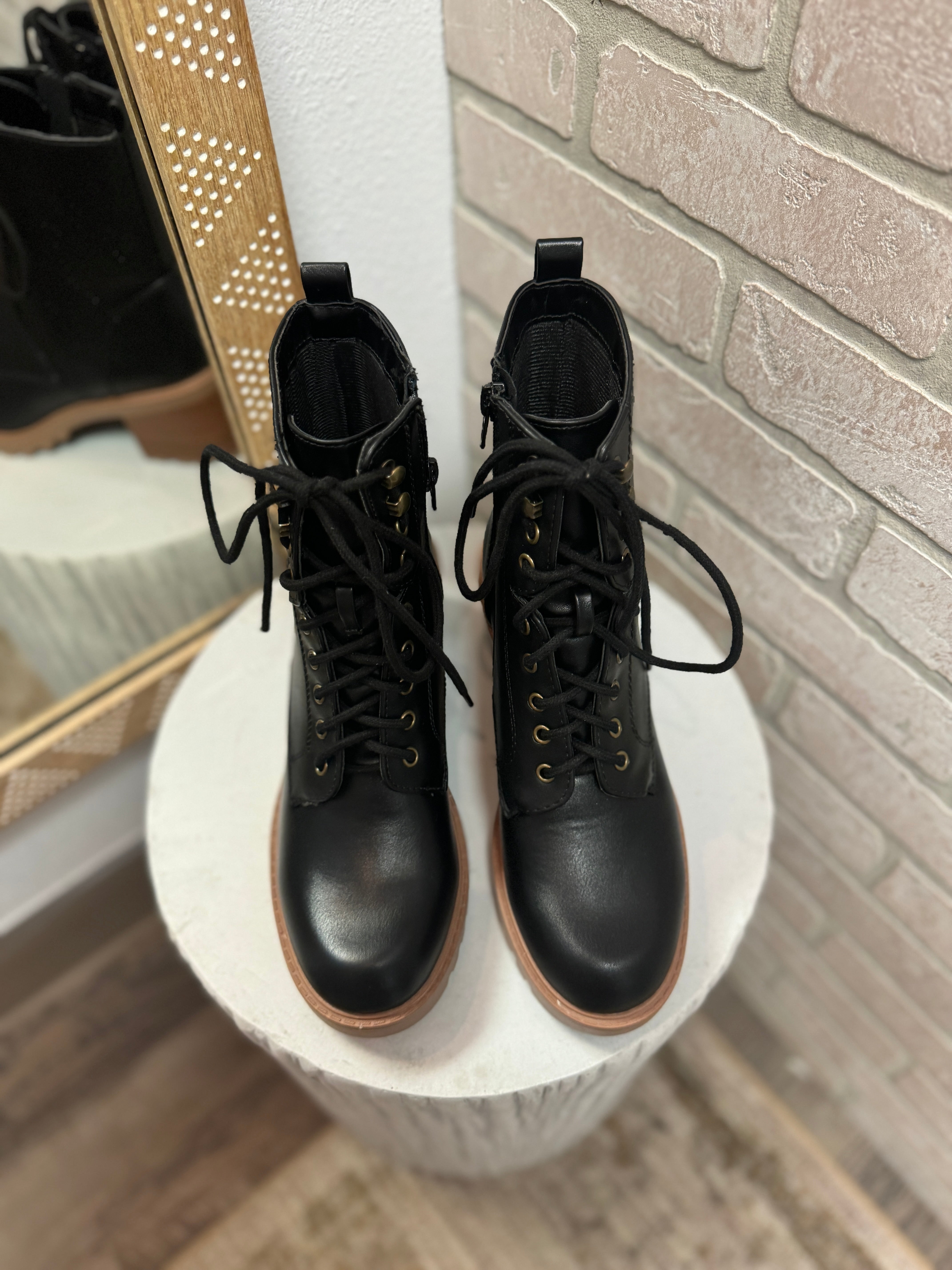 Soda Velour Lug Boot Shoe-Black-Boots-soda-The Silo Boutique, Women's Fashion Boutique Located in Warren and Grand Forks North Dakota