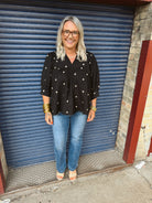 Black Top With Floral Embroidery-Short Sleeve Tops-ENTRO-The Silo Boutique, Women's Fashion Boutique Located in Warren and Grand Forks North Dakota