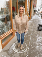 Dolly Satin Button Up Top-Khaki-Long Sleeve Tops-Lamiel-The Silo Boutique, Women's Fashion Boutique Located in Warren and Grand Forks North Dakota