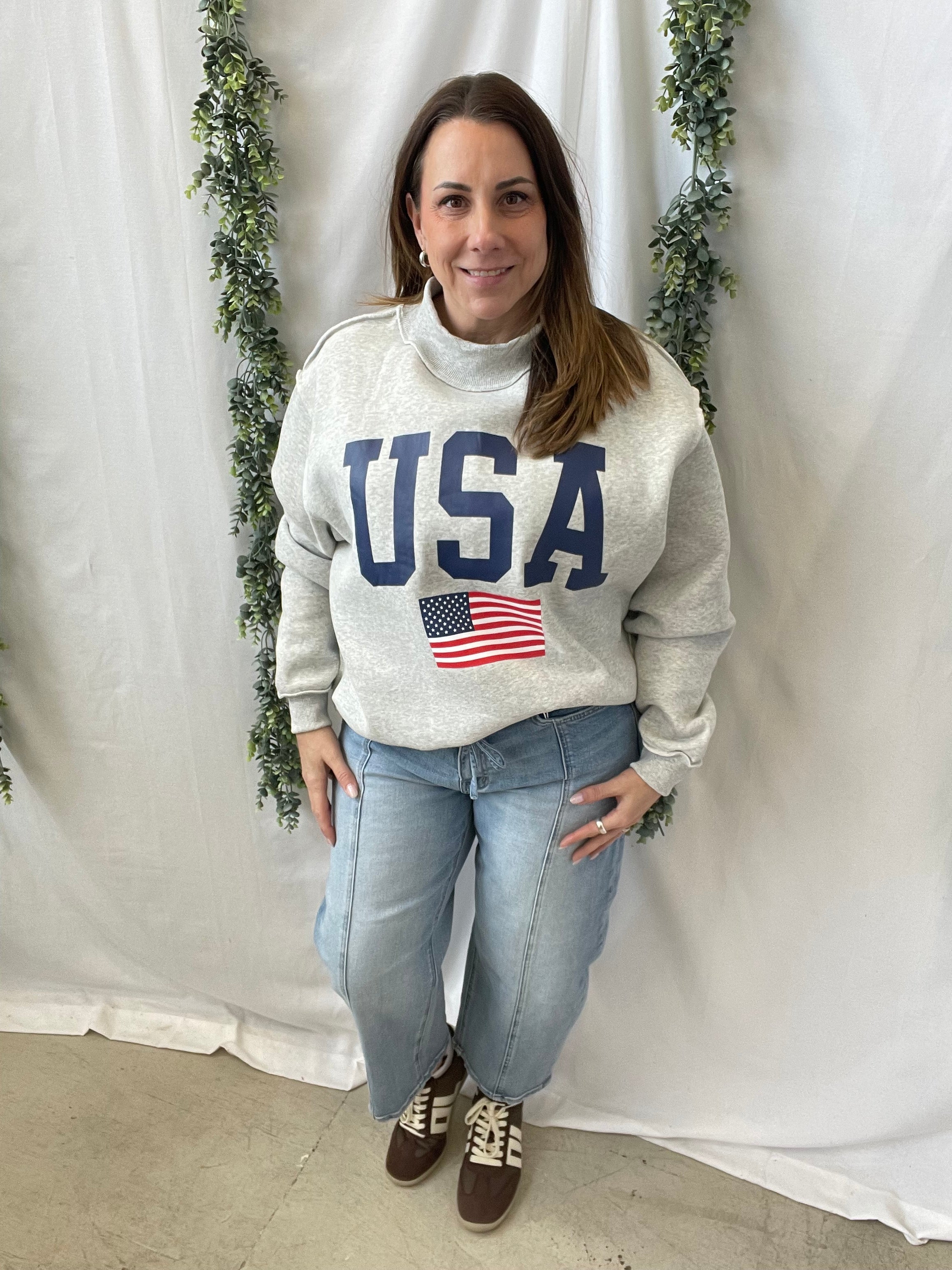 USA Grey Mock Sweatshirt-Sweatshirts-bucketlist-The Silo Boutique, Women's Fashion Boutique Located in Warren and Grand Forks North Dakota