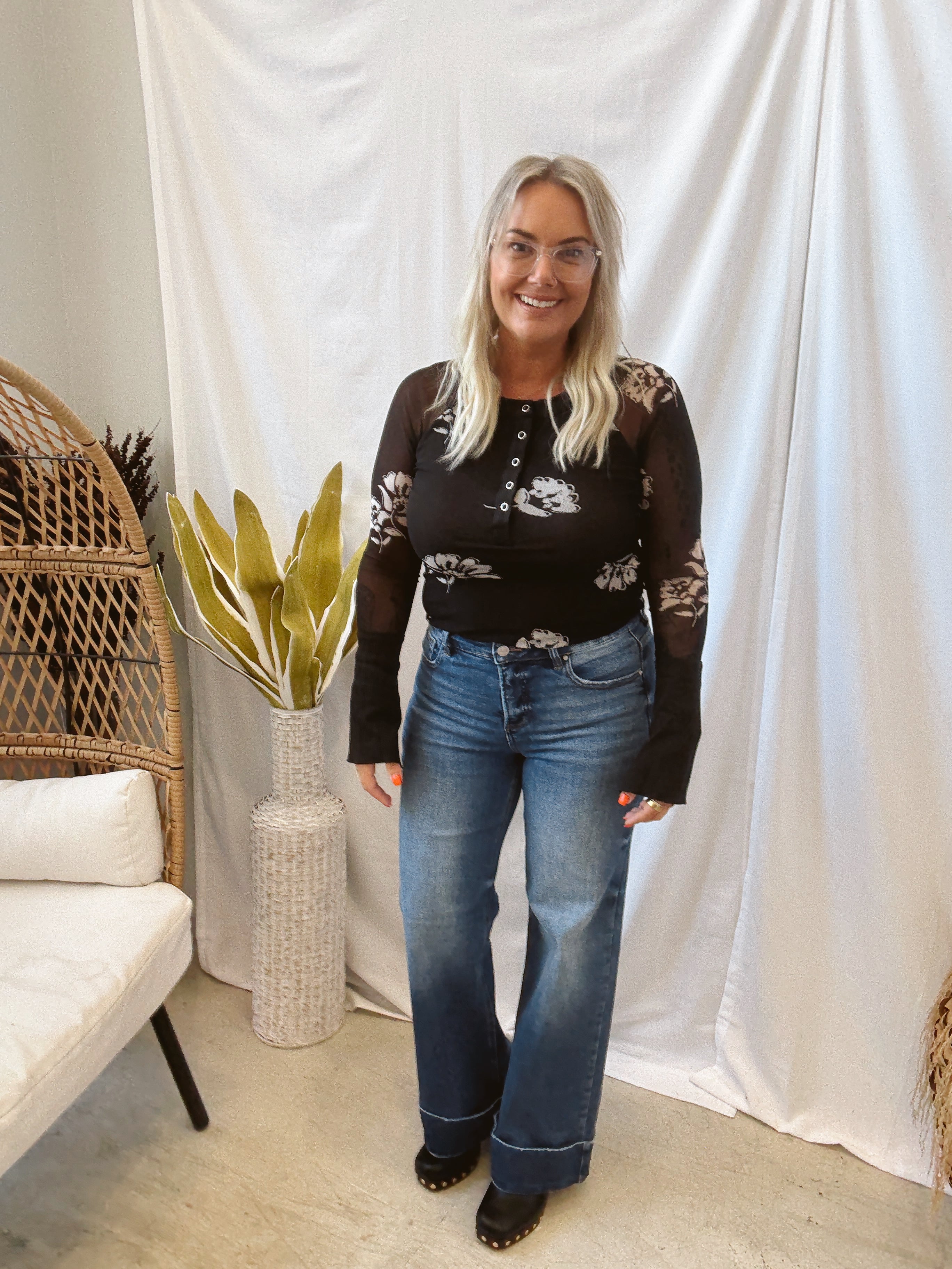 Black With Floral Henley Top-Long Sleeve Tops-promesa-The Silo Boutique, Women's Fashion Boutique Located in Warren and Grand Forks North Dakota