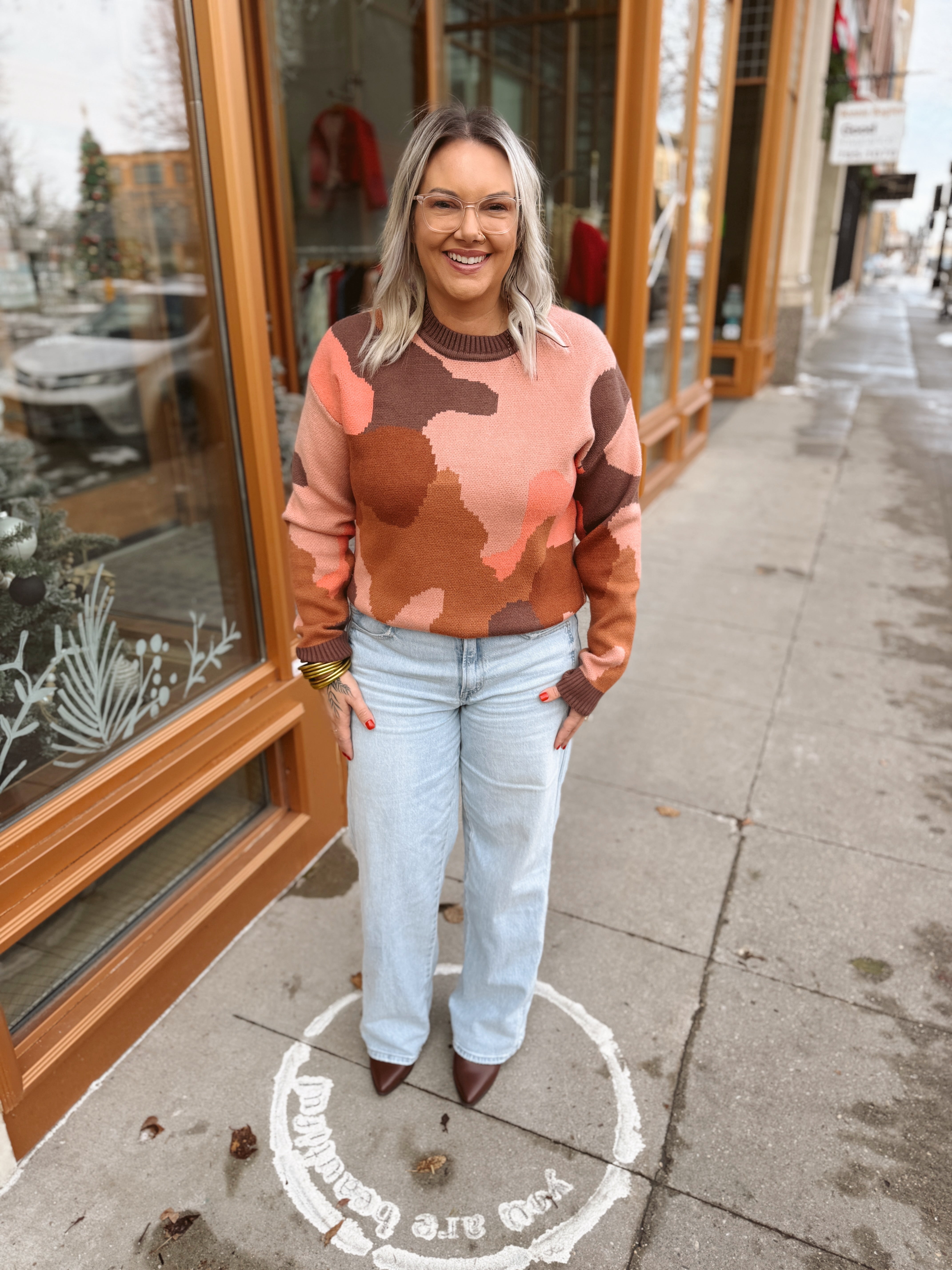 Brown Mix Camo Knit Sweater-Sweaters-thml-The Silo Boutique, Women's Fashion Boutique Located in Warren and Grand Forks North Dakota