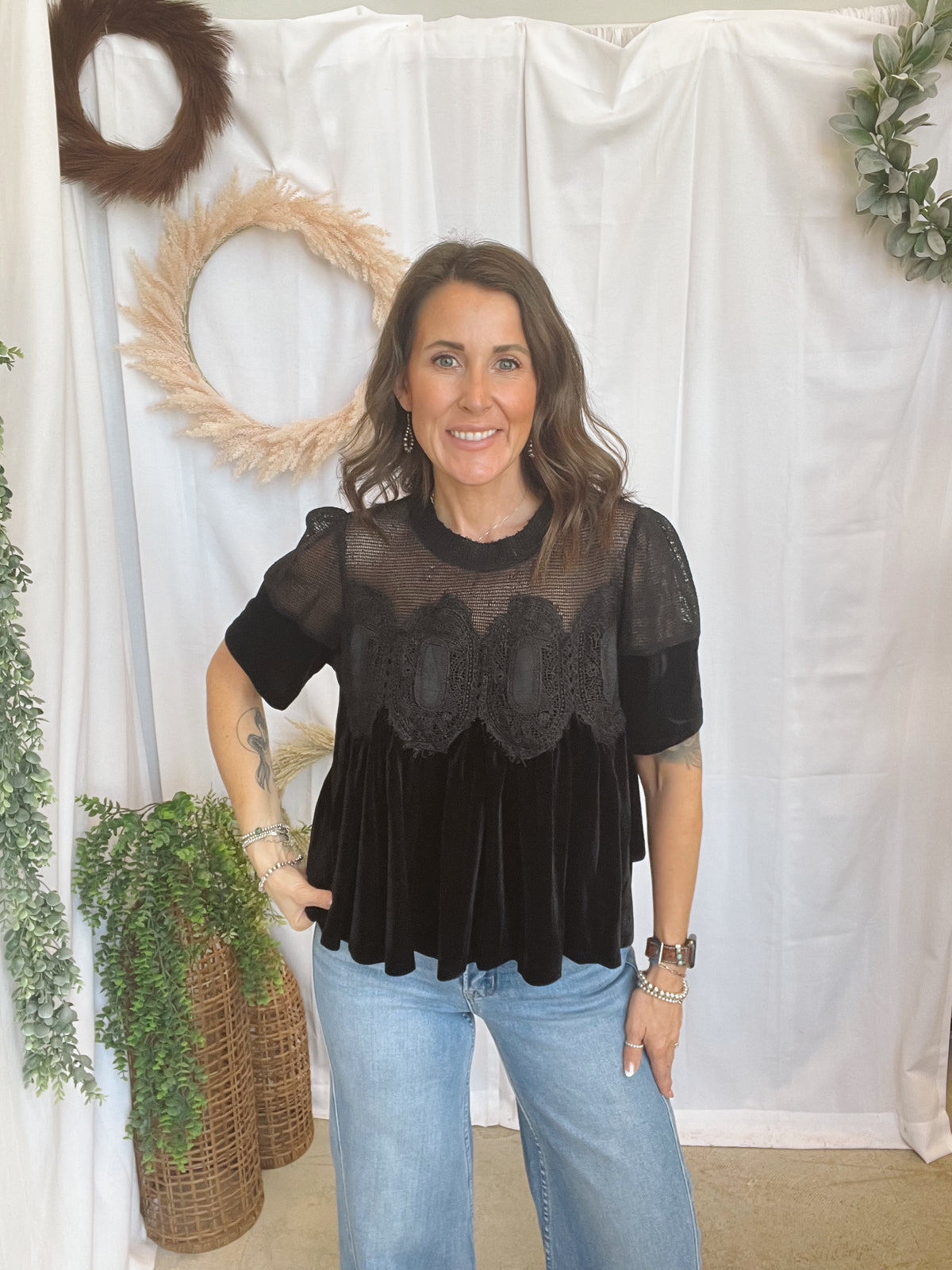 Velvet Scallop Top-Black-Short Sleeve Tops-hem and thread-The Silo Boutique, Women's Fashion Boutique Located in Warren and Grand Forks North Dakota