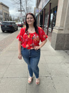 Coral Red Floral Top-Final Sale Online Only-Short Sleeve Tops-skies are blue-The Silo Boutique, Women's Fashion Boutique Located in Warren and Grand Forks North Dakota