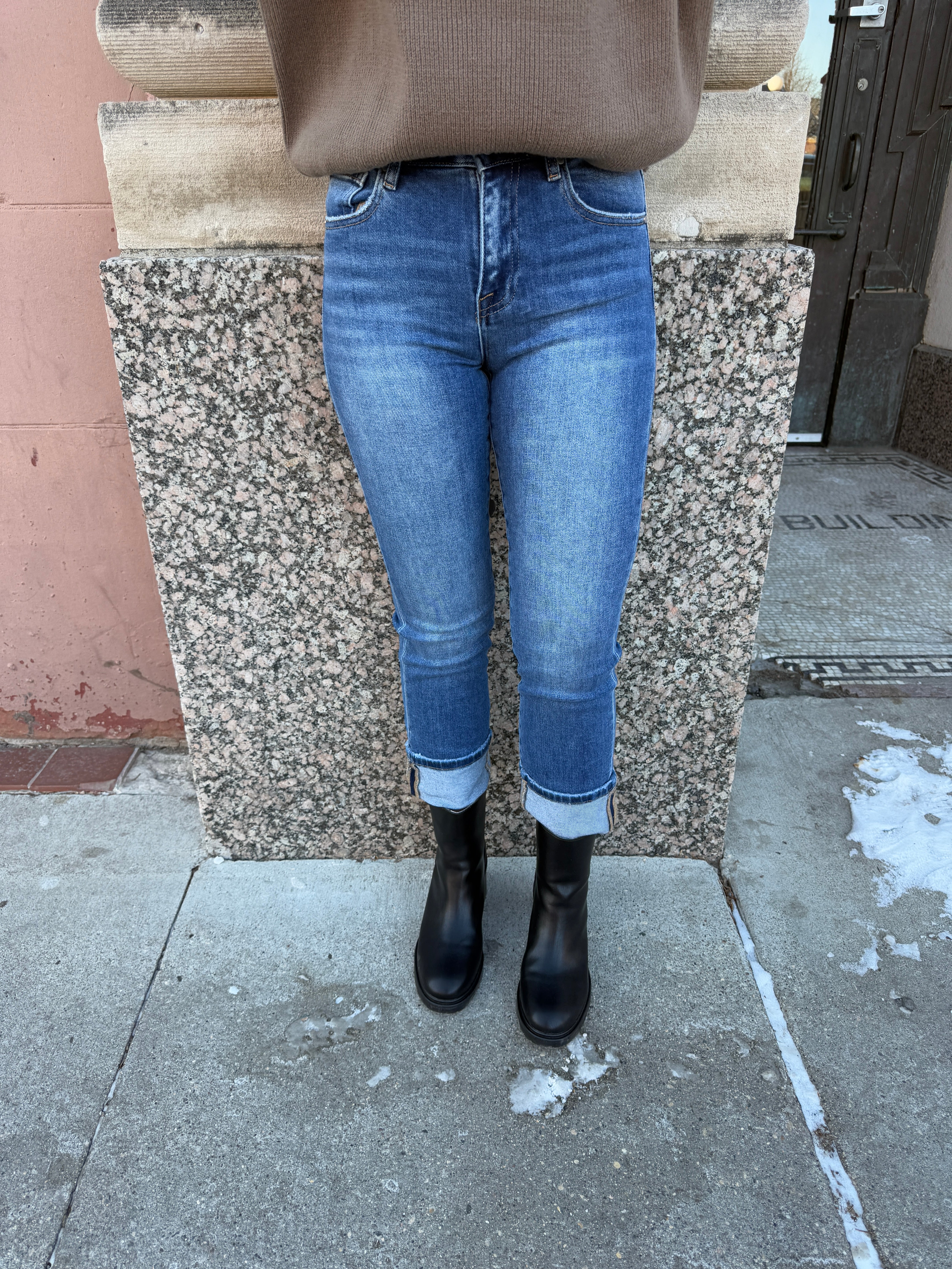 Risen Cuffed Medium Wash Straight Jeans-Jeans-risen-The Silo Boutique, Women's Fashion Boutique Located in Warren and Grand Forks North Dakota