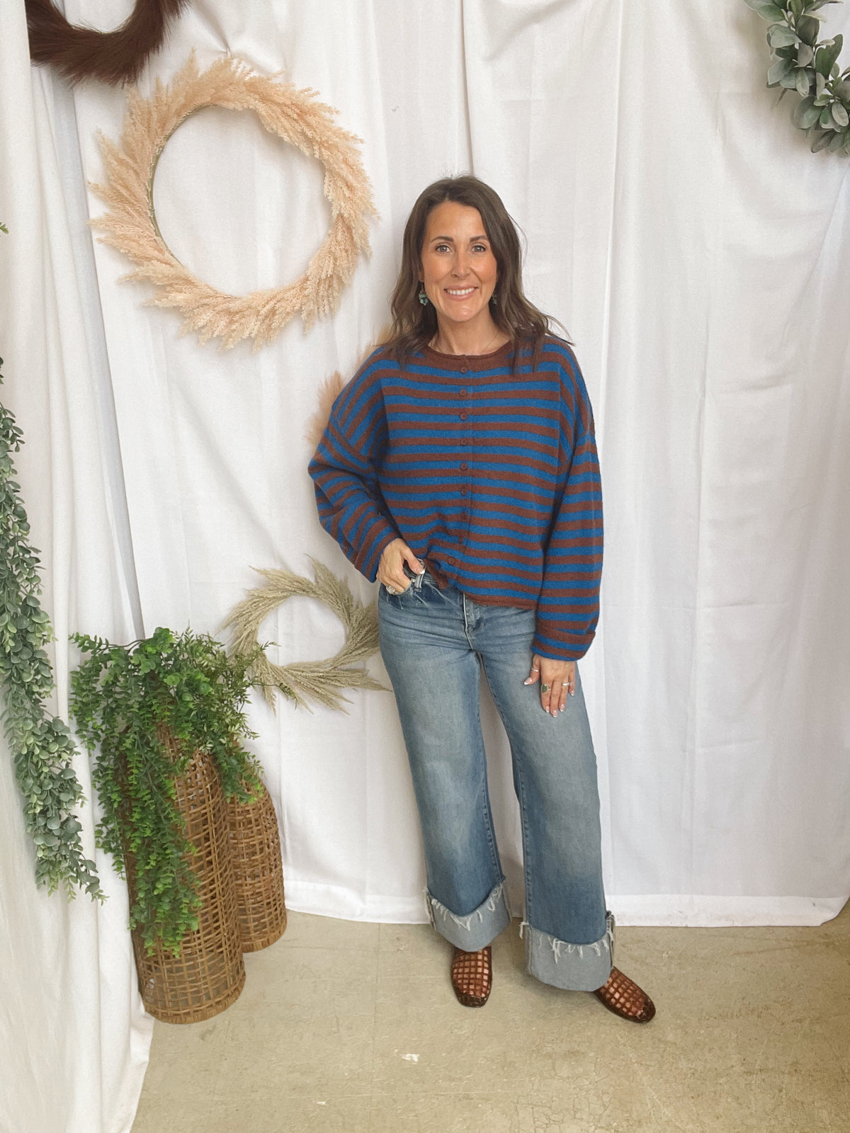Dickie Striped Cardigan-Blue Brown-Cardigans-peach love-The Silo Boutique, Women's Fashion Boutique Located in Warren and Grand Forks North Dakota