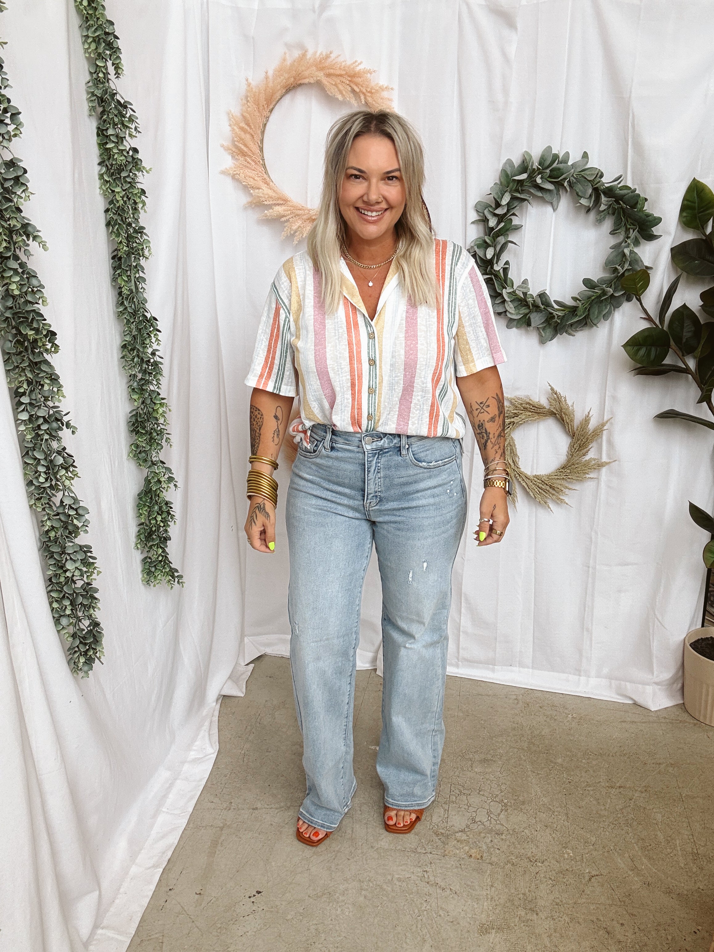 Multi Color Button Up Top-Short Sleeve Tops-hem and thread-The Silo Boutique, Women's Fashion Boutique Located in Warren and Grand Forks North Dakota