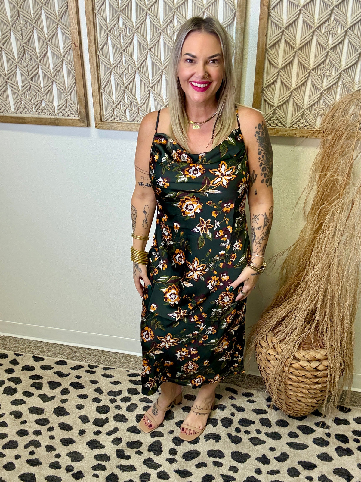 Floral Printed Cowl Neck Dress-Green-Dresses-skies are blue-The Silo Boutique, Women's Fashion Boutique Located in Warren and Grand Forks North Dakota