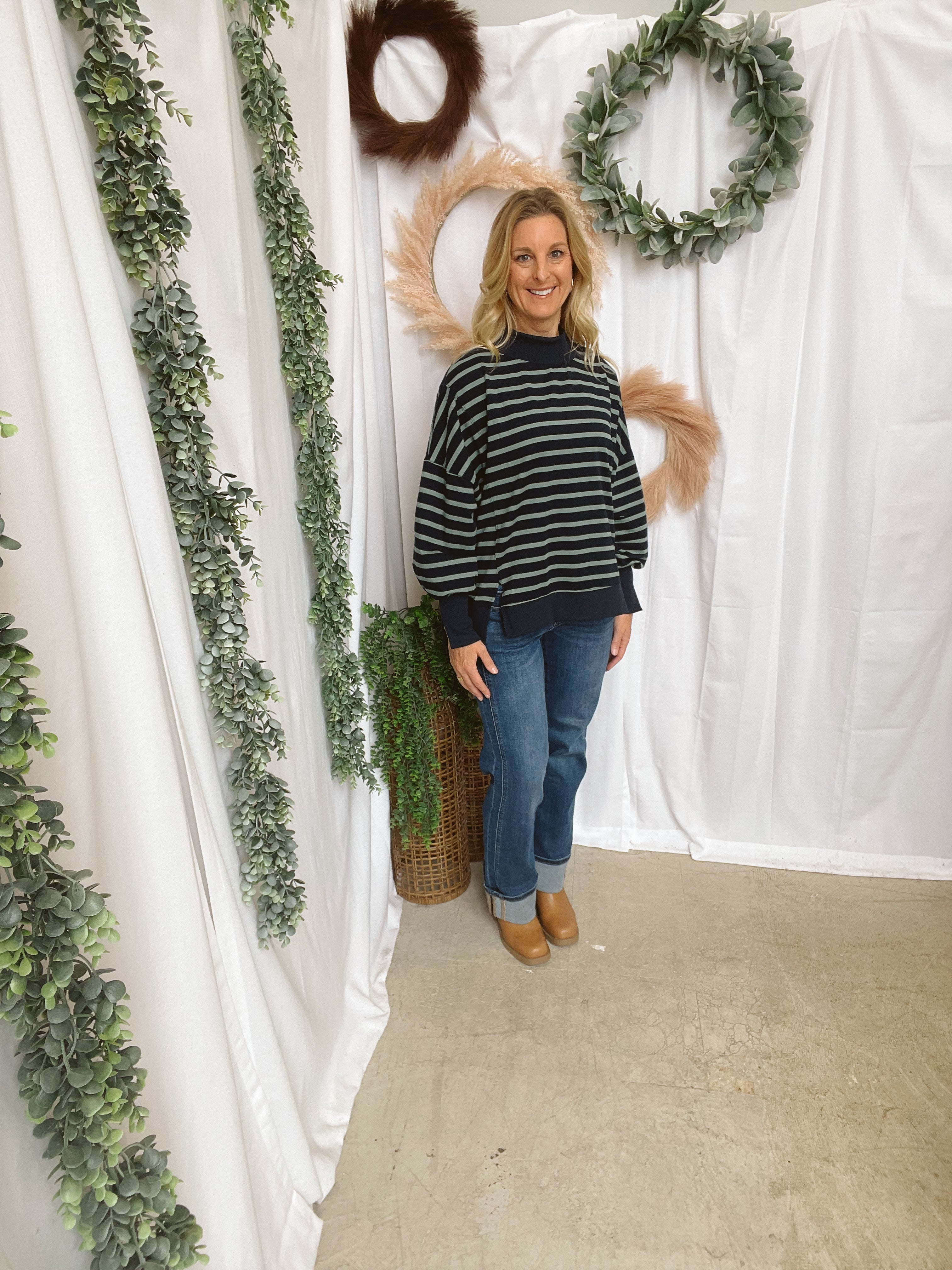 Nikki Mock Neck Sweatshirt-Navy/Sage-sweashirts-hyfve-The Silo Boutique, Women's Fashion Boutique Located in Warren and Grand Forks North Dakota