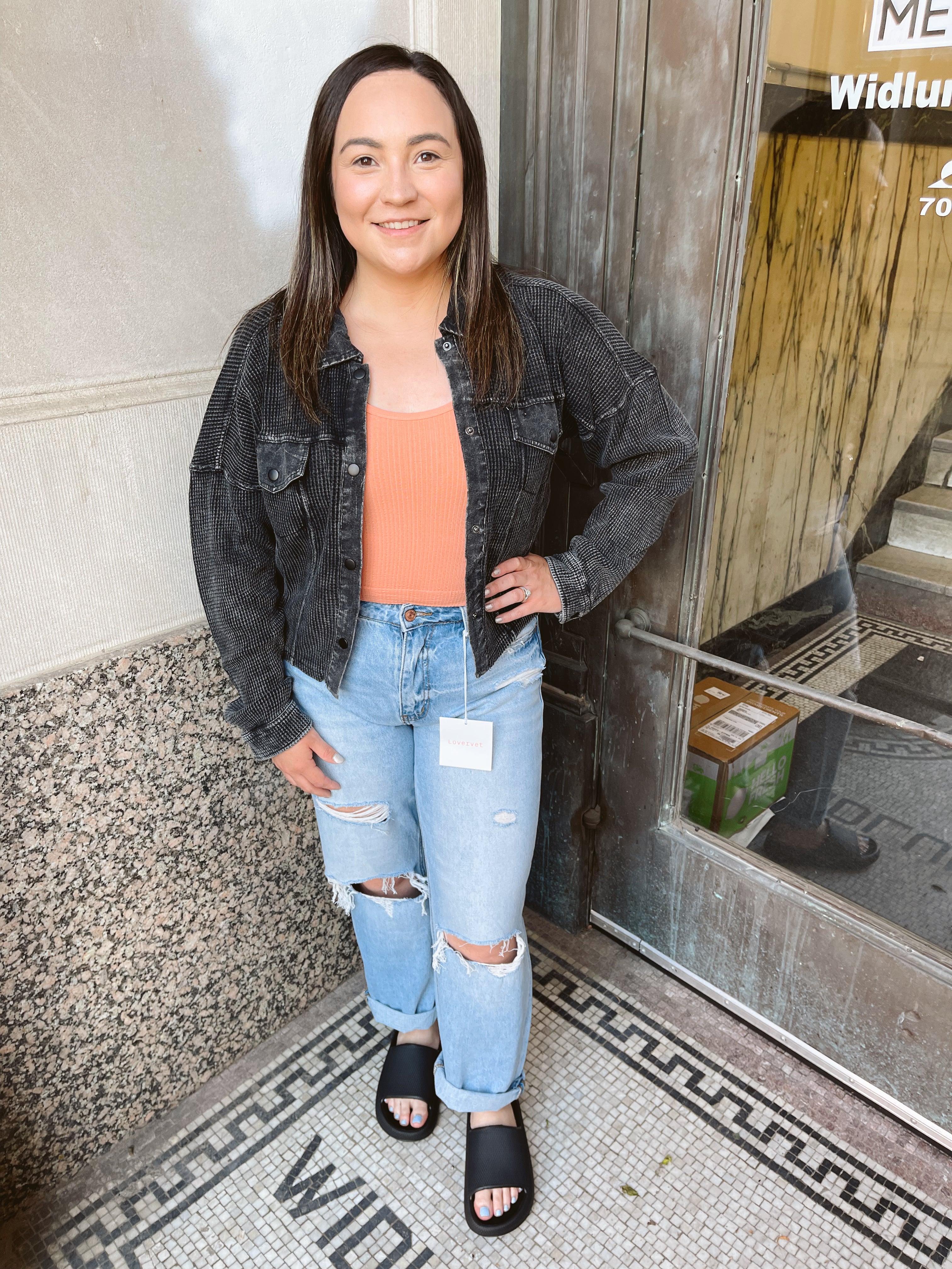 Mono B Black Crop Mineral Wash Button Up Top-Long Sleeve Tops-mono b-The Silo Boutique, Women's Fashion Boutique Located in Warren and Grand Forks North Dakota