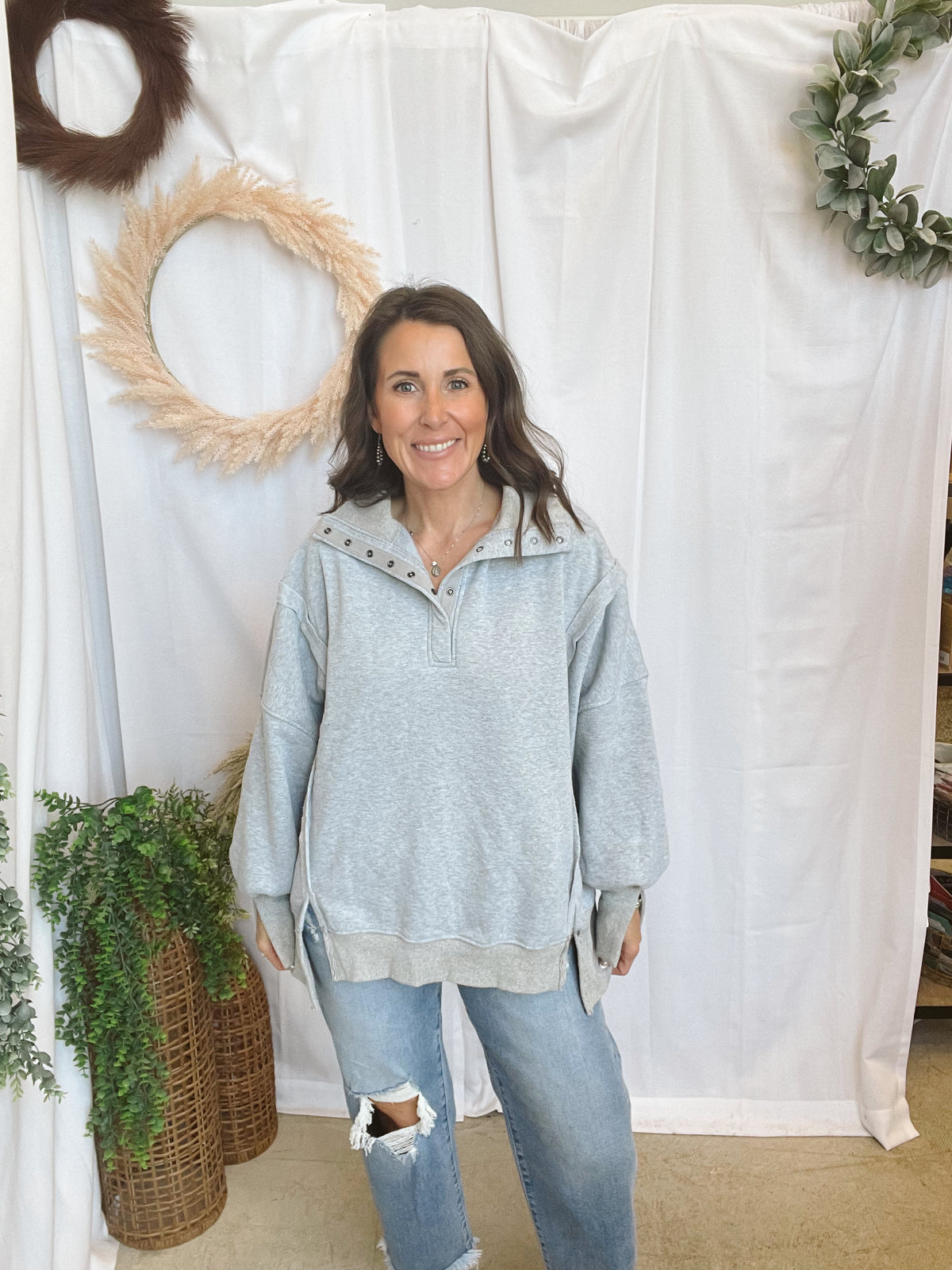 Sophie Snap Collar Sweatshirt-Gray-Sweatshirts-hyfve-The Silo Boutique, Women's Fashion Boutique Located in Warren and Grand Forks North Dakota