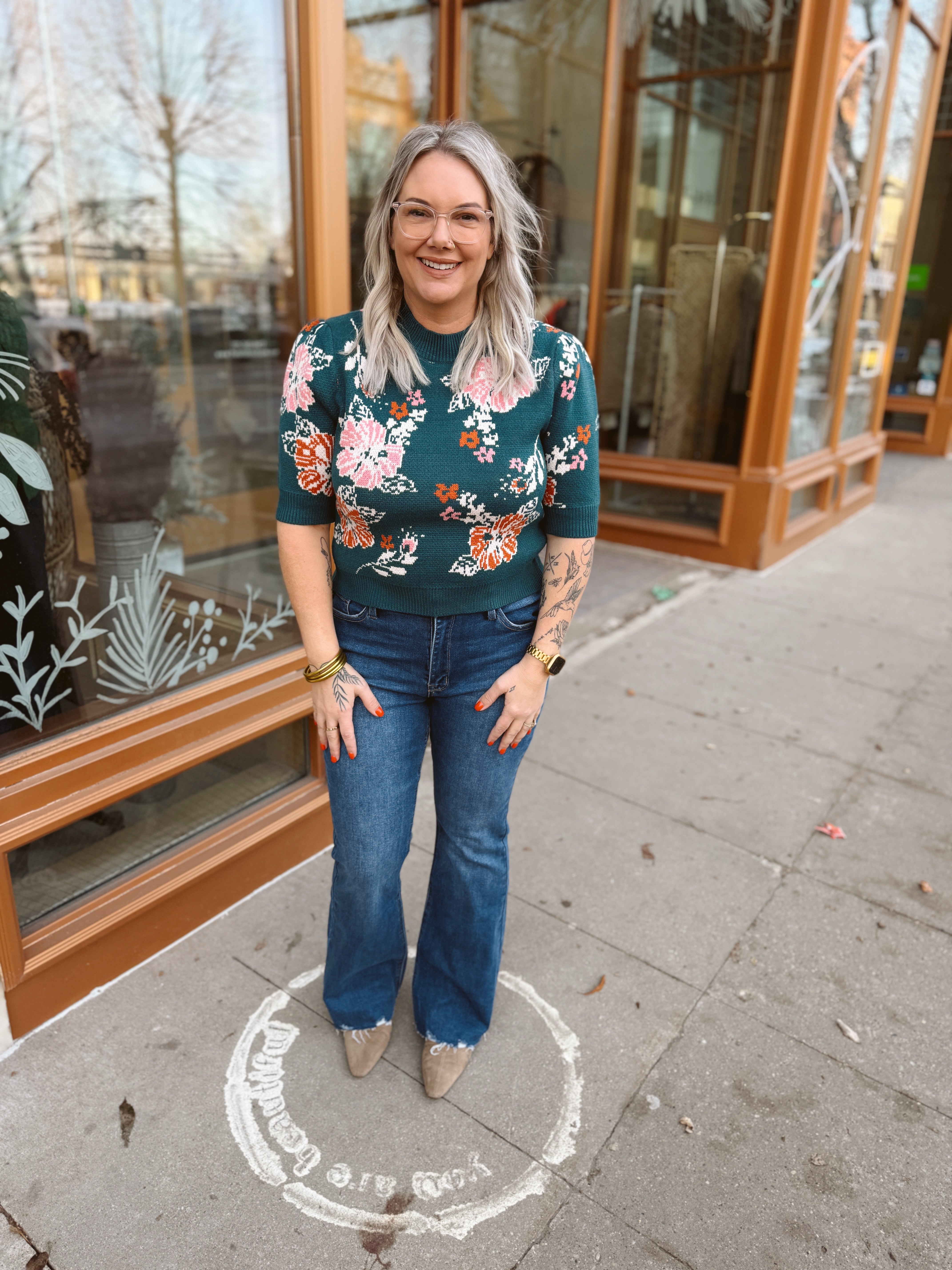 THML Teal Floral Short Sleeve Sweater Top-Sweaters-thml-The Silo Boutique, Women's Fashion Boutique Located in Warren and Grand Forks North Dakota