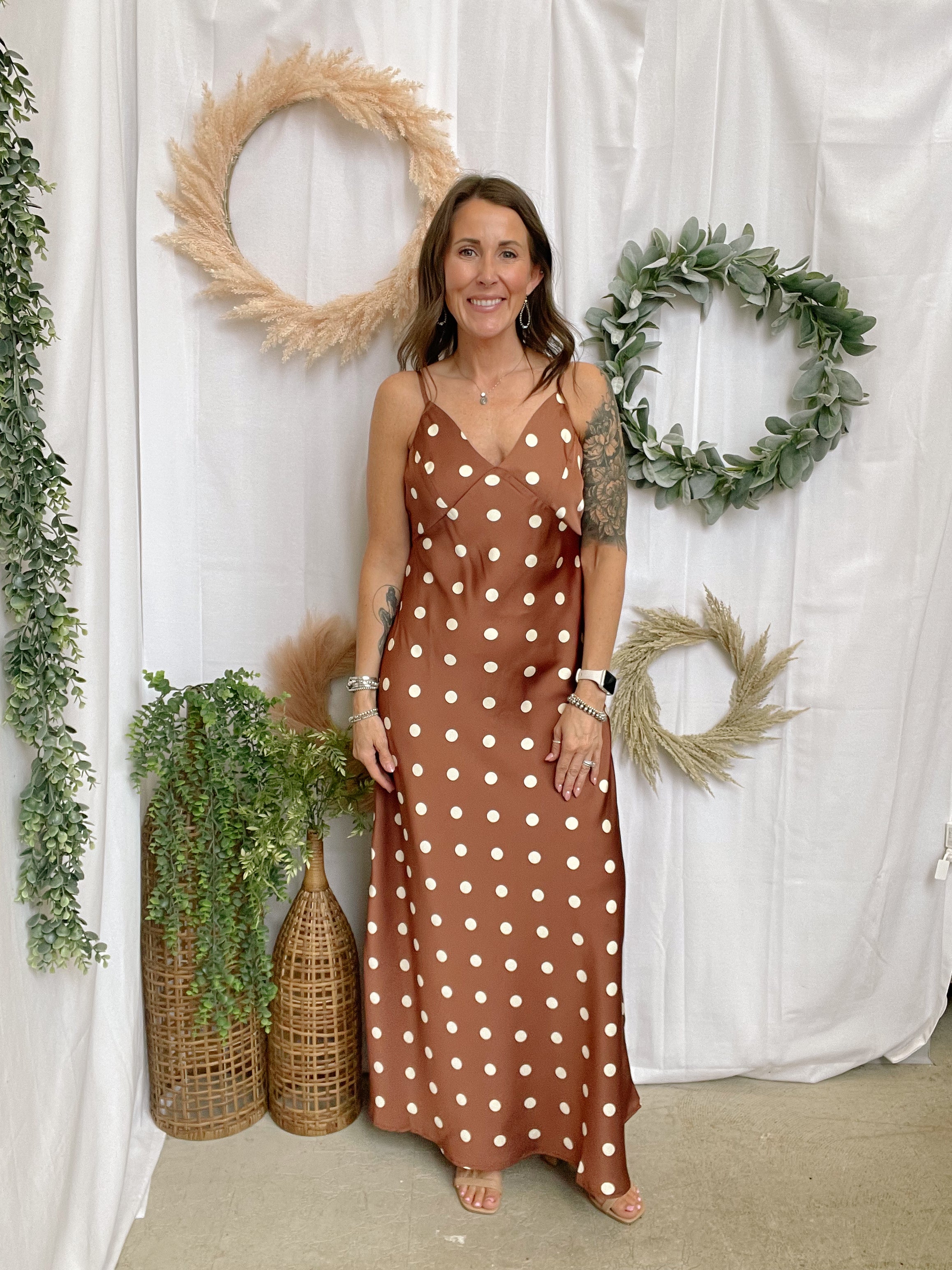 The Long Polka Dot Dress-Chestnut-Pants-eesome-The Silo Boutique, Women's Fashion Boutique Located in Warren and Grand Forks North Dakota